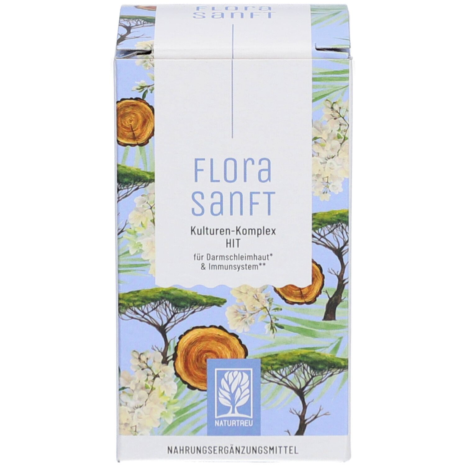 Kartonverpackung. Aufschrift: Flora Sanft, Kulturen-Komplex HIT. Naturtreu Logo. Nahrungsergänzungsmittel.