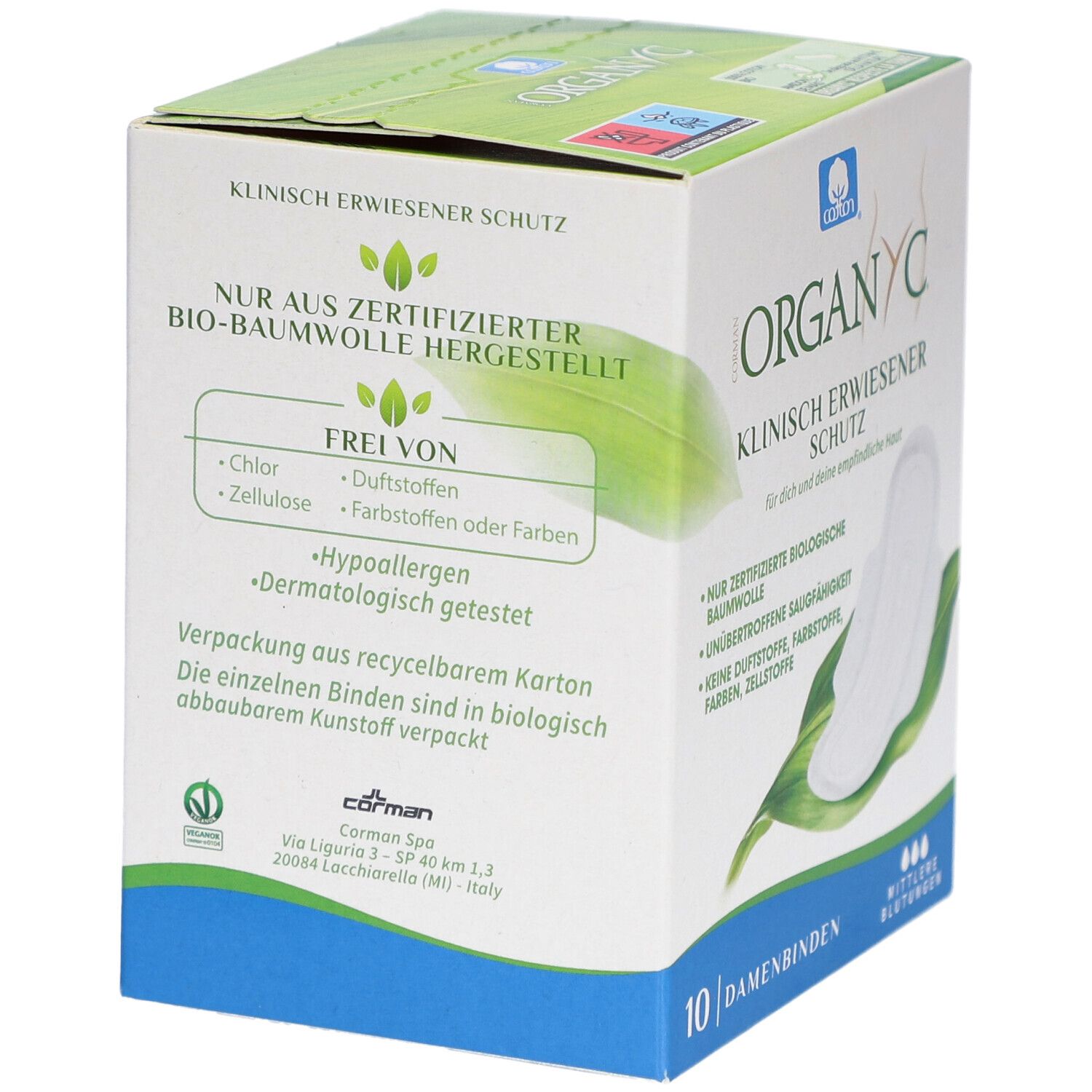 Organyc Damenbinden, Packung. Frei von Chlor, Duftstoffen, Farbstoffen. 10 Stück. Aus recycelbarem Karton.