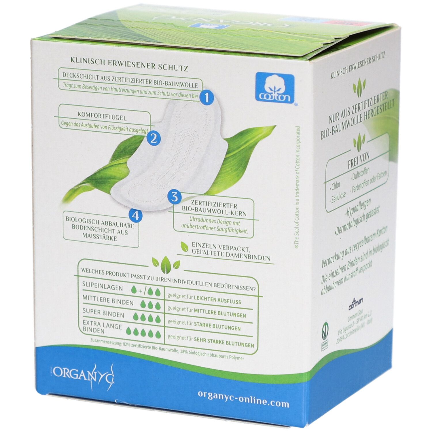 Organyc Damenbinden, Rückseite der Packung. Produktmerkmale und Informationen. Zertifizierter Bio-Baumwoll-Kern. Für mittlere Blutungen.
