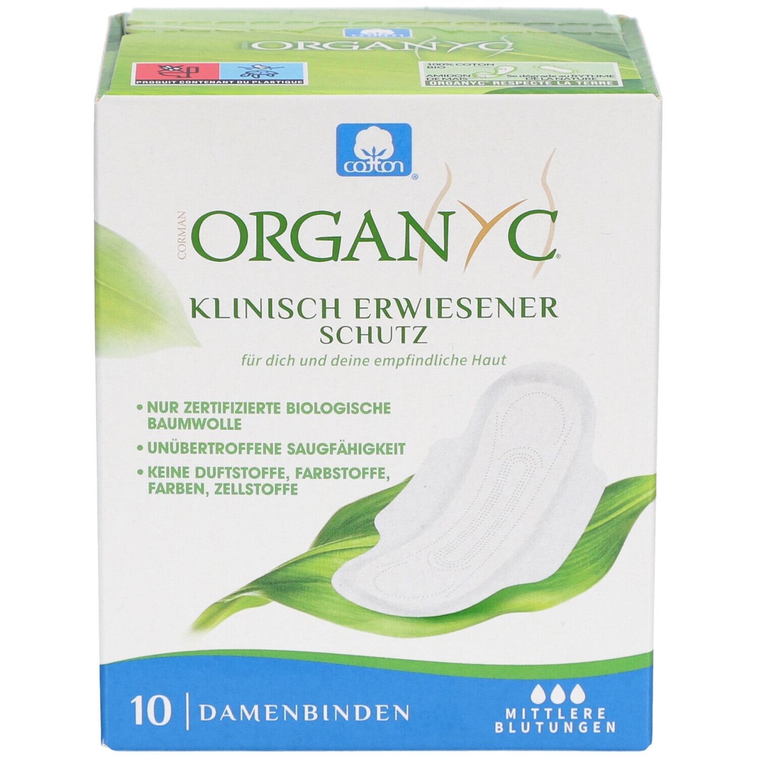 Organyc Damenbinden, Packung mit 10 Stück. Klinisch erwiesener Schutz. Für mittlere Blutungen. Zertifizierte Bio-Baumwolle.