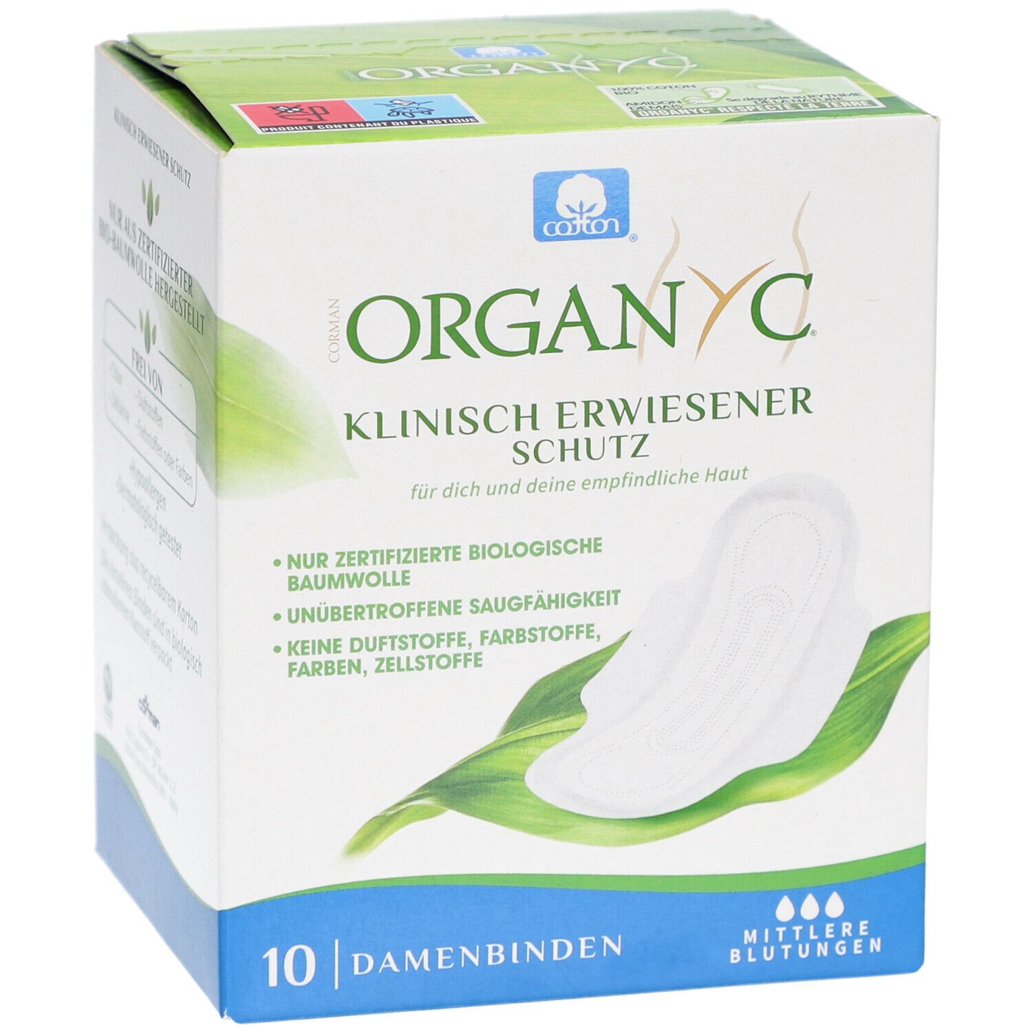 Organyc Damenbinden, Packung mit 10 Stück. Klinisch erwiesener Schutz. Für mittlere Blutungen. Zertifizierte Bio-Baumwolle.