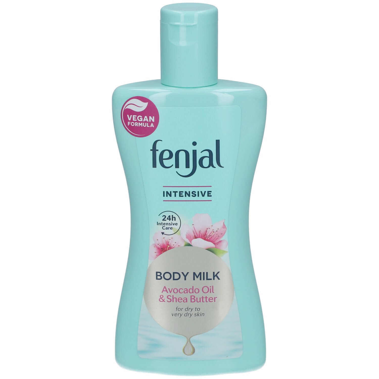 Hellblaue Flasche mit weißem Etikett. Aufschrift: "fenjal Intensive Body Milk". Vegan-Logo. Avocadoöl & Sheabutter.