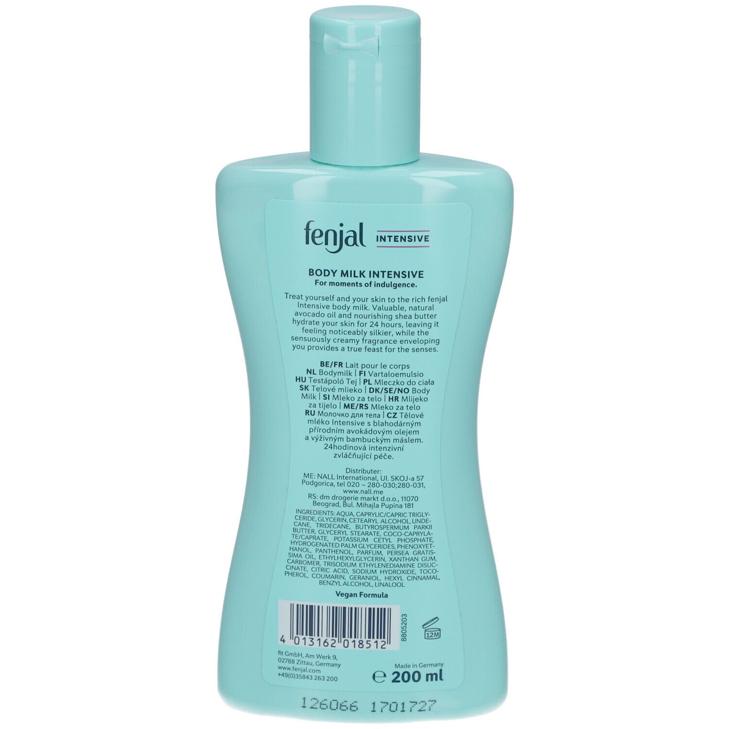 Rückseite der hellblauen Flasche. Aufschrift: "fenjal Intensive Body Milk". Text in mehreren Sprachen. Vegan-Logo. 200 ml.