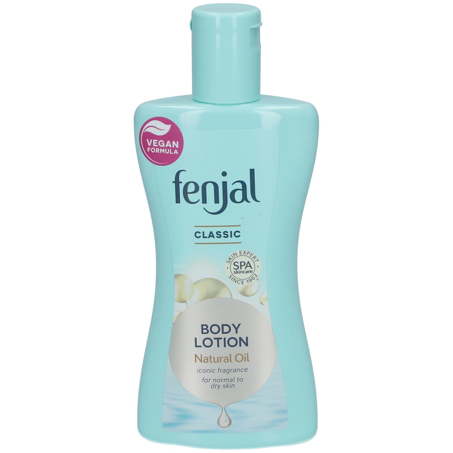 Hellblaue Flasche FENJAL Classic Body Lotion. Vegan-Logo. Text: Natural Oil, für trockene Haut.
