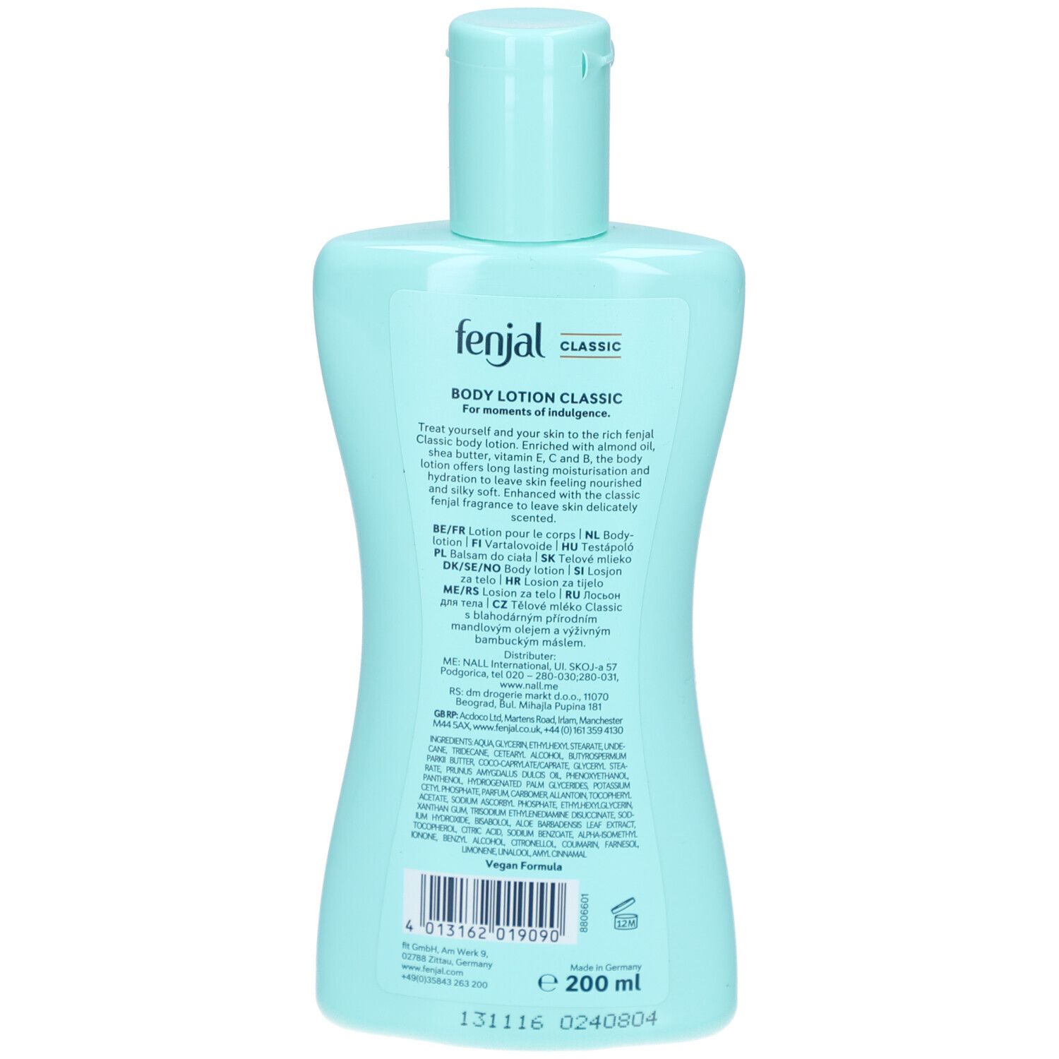 Rückseite der hellblauen FENJAL Classic Body Lotion Flasche. Text in mehreren Sprachen, Vegan-Logo.