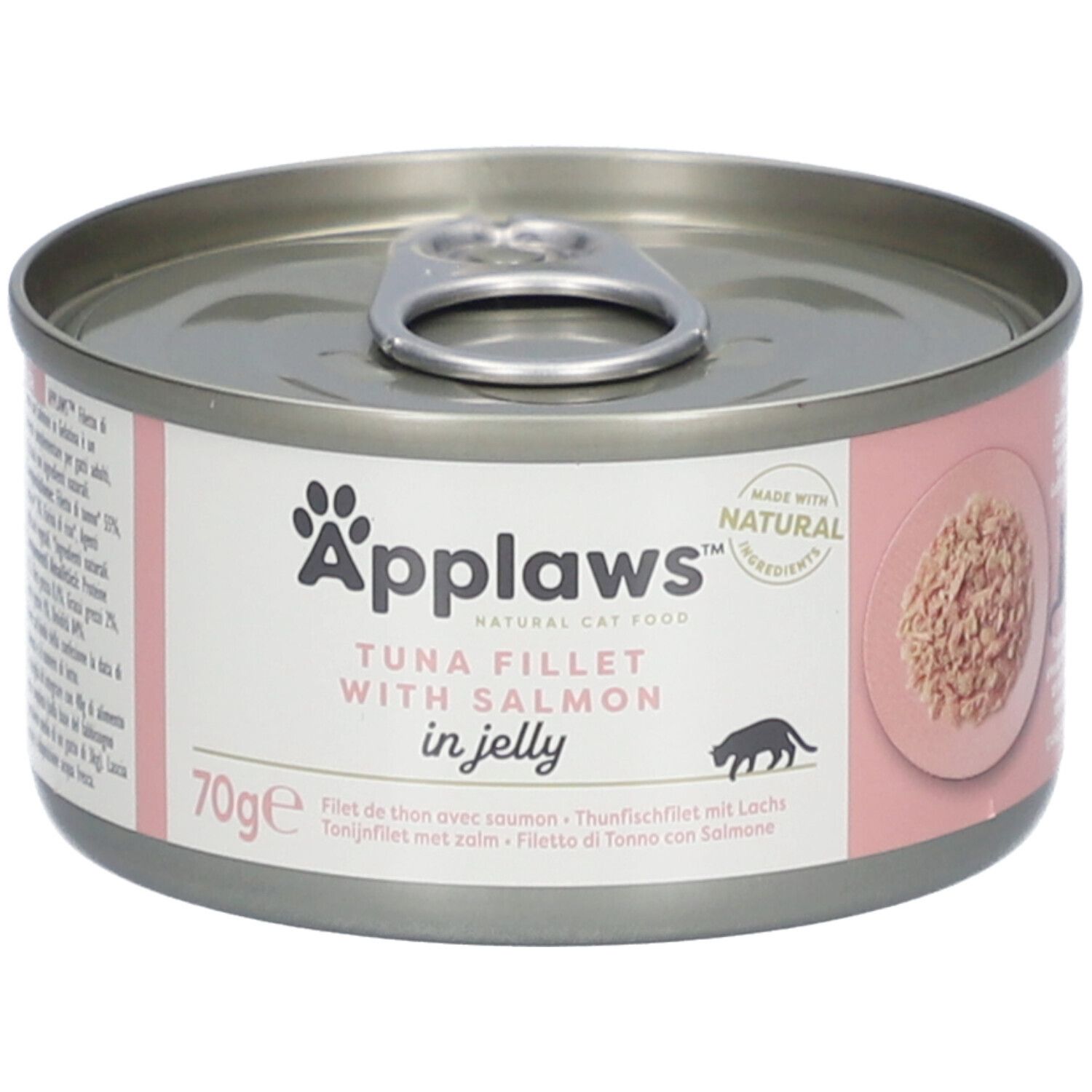 Runde Dose mit rosa Etikett. Aufschrift Applaws, Thunfischfilet mit Lachs in Gelee. 70g. Mit natürl. Zutaten.