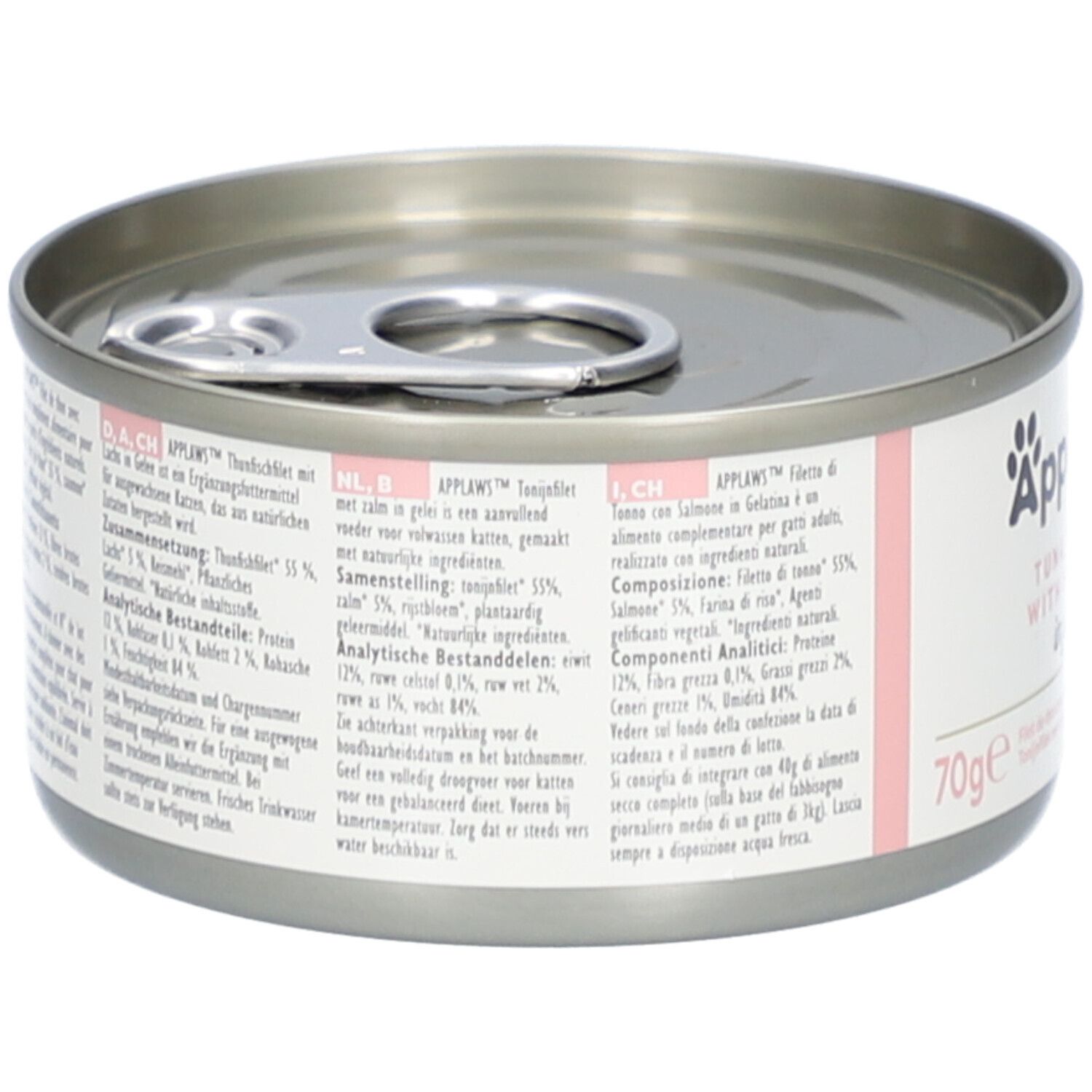 Dose mit Text. Zutaten: Thunfischfilet, Lachs, Reis. Analytische Bestandteile. Herstellerinformationen. 70g. Mit natürl. Zutaten.