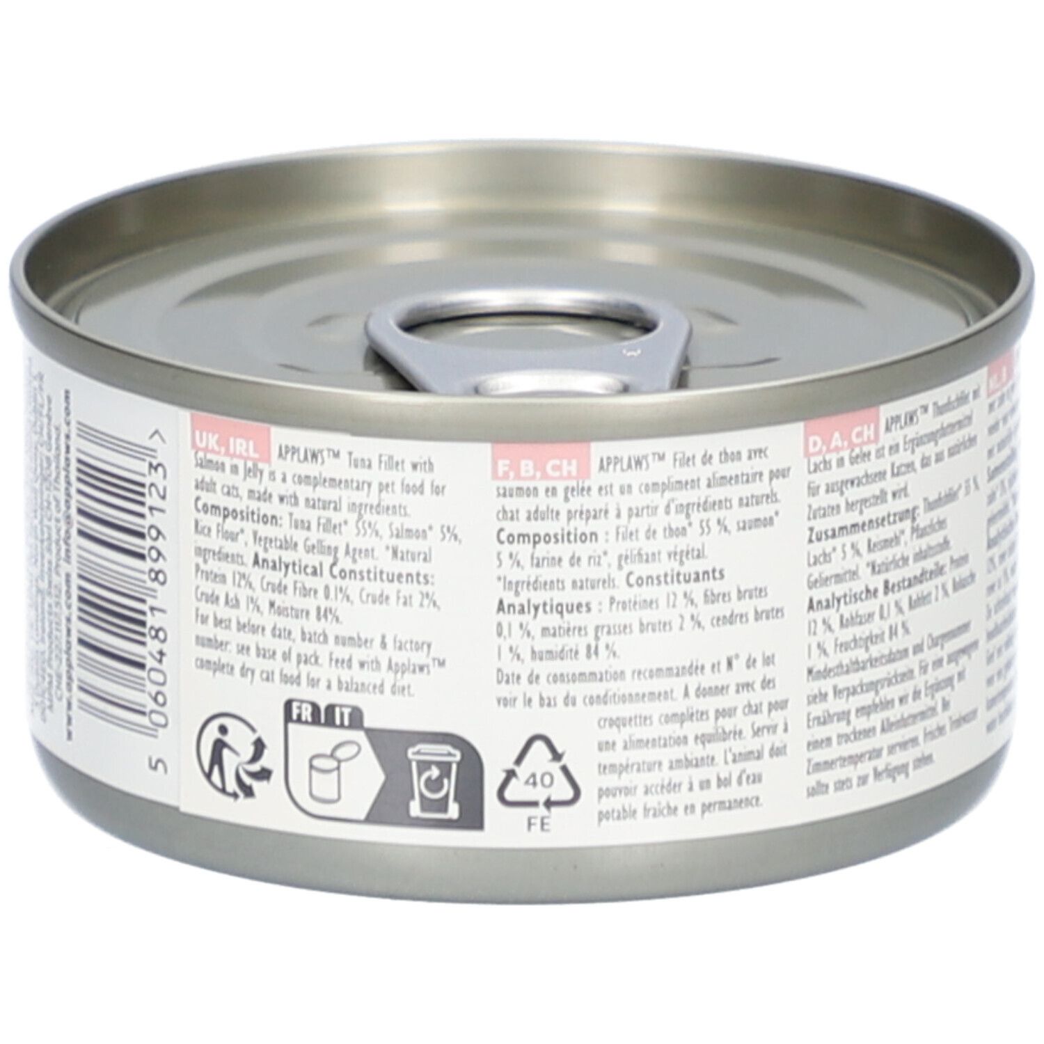 Dose mit Text. Inhaltsstoffe, analytische Bestandteile, Herstellerinformationen. Recycling-Symbole. 70g. Mit natürl. Zutaten.