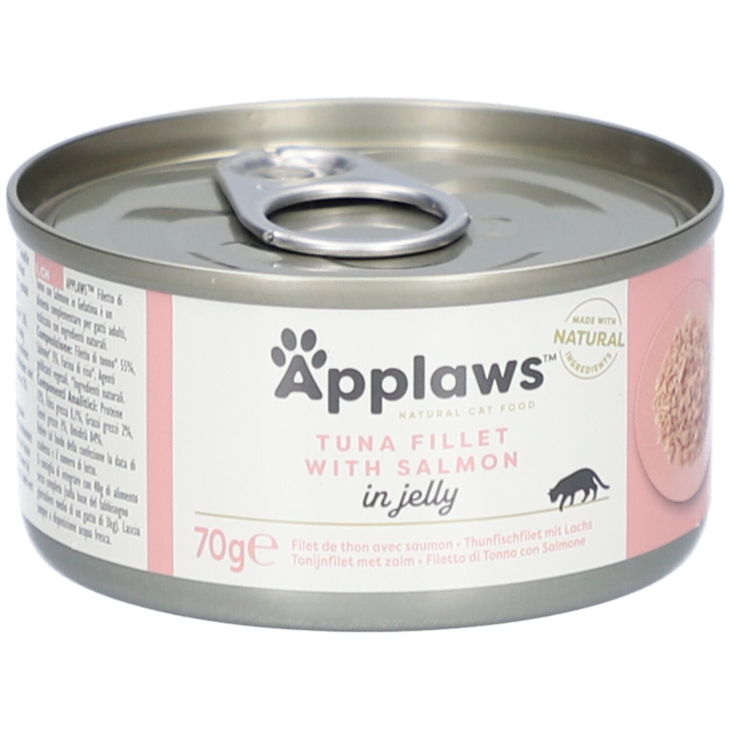 Runde Dose mit rosa Etikett. Aufschrift Applaws, Thunfischfilet mit Lachs in Gelee. 70g. Mit natürl. Zutaten.