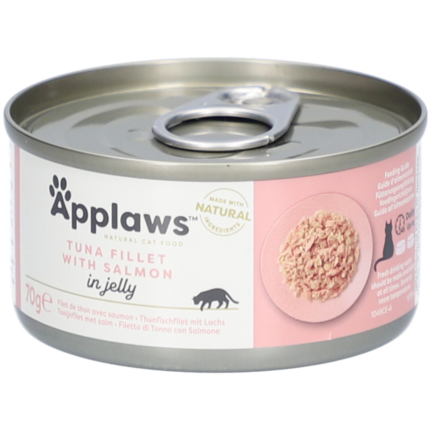 Dose mit rosa Etikett. Applaws, Thunfischfilet mit Lachs in Gelee. 70g. Futterempfehlung. Mit natürl. Zutaten.