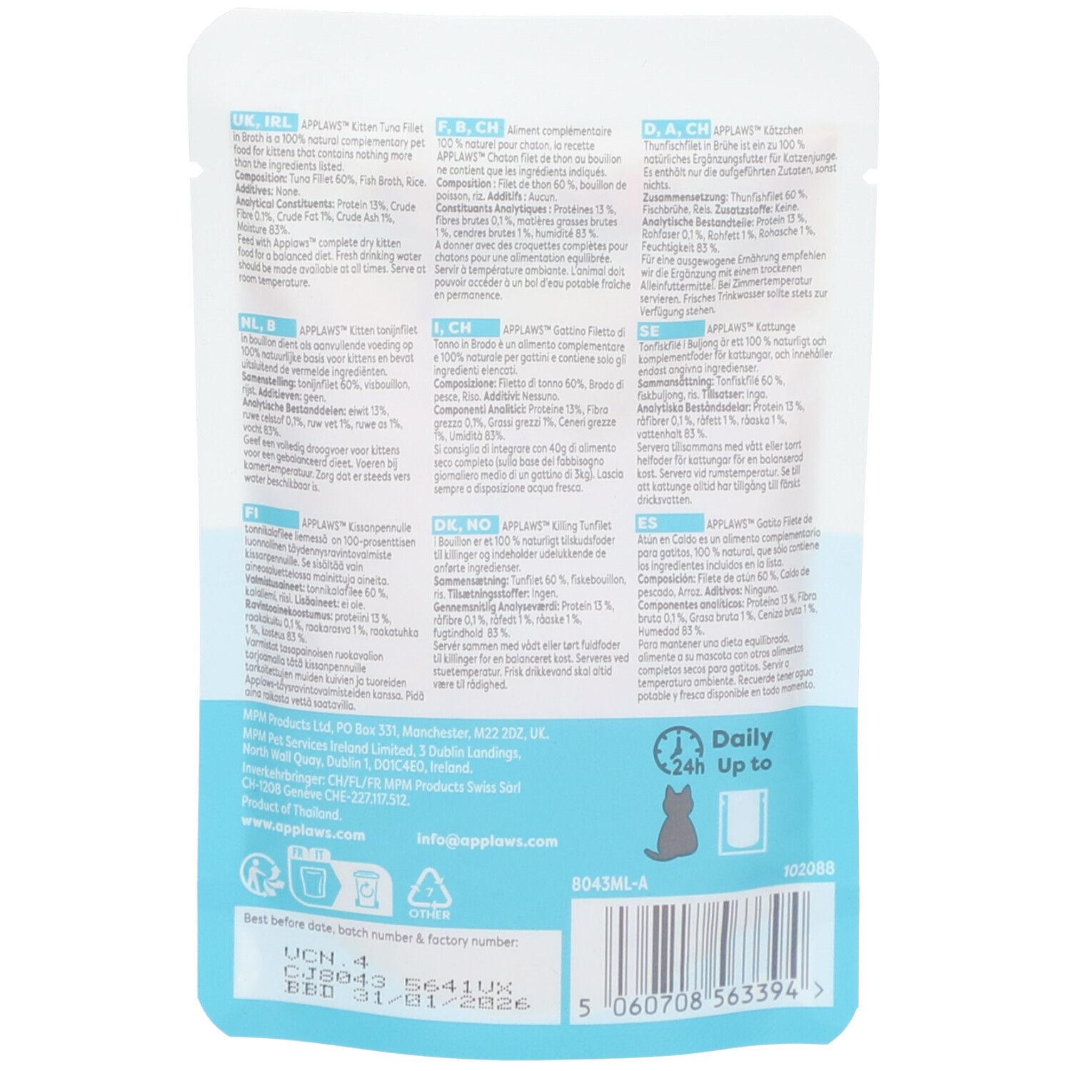 Rückseite des Applaws Kitten Thunfischfilet-Beutels. Text in mehreren Sprachen. Angaben zu Inhaltsstoffen.