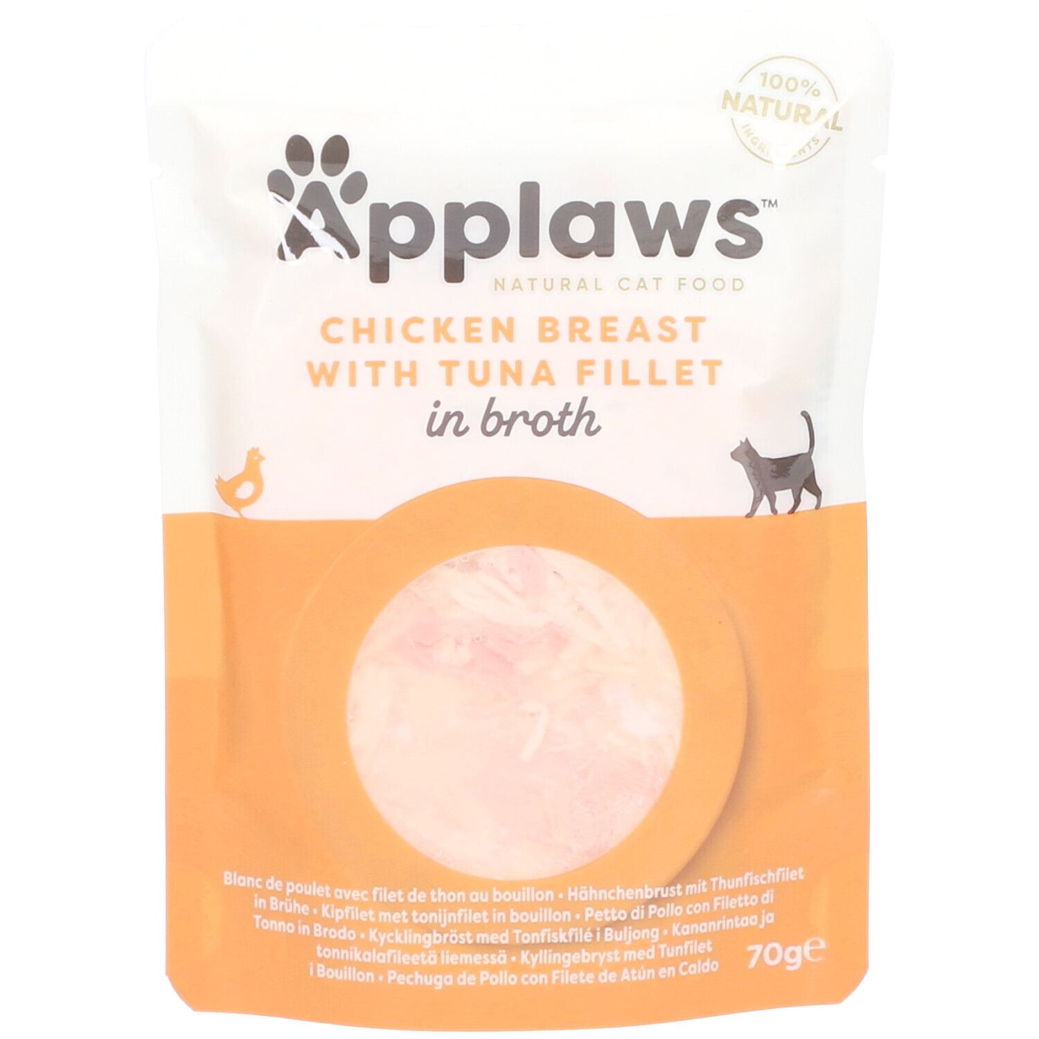 Sachet Applaws, filet de poulet et thon en bouillon. Visible : nom du produit, logo, image du produit, 100% naturel.