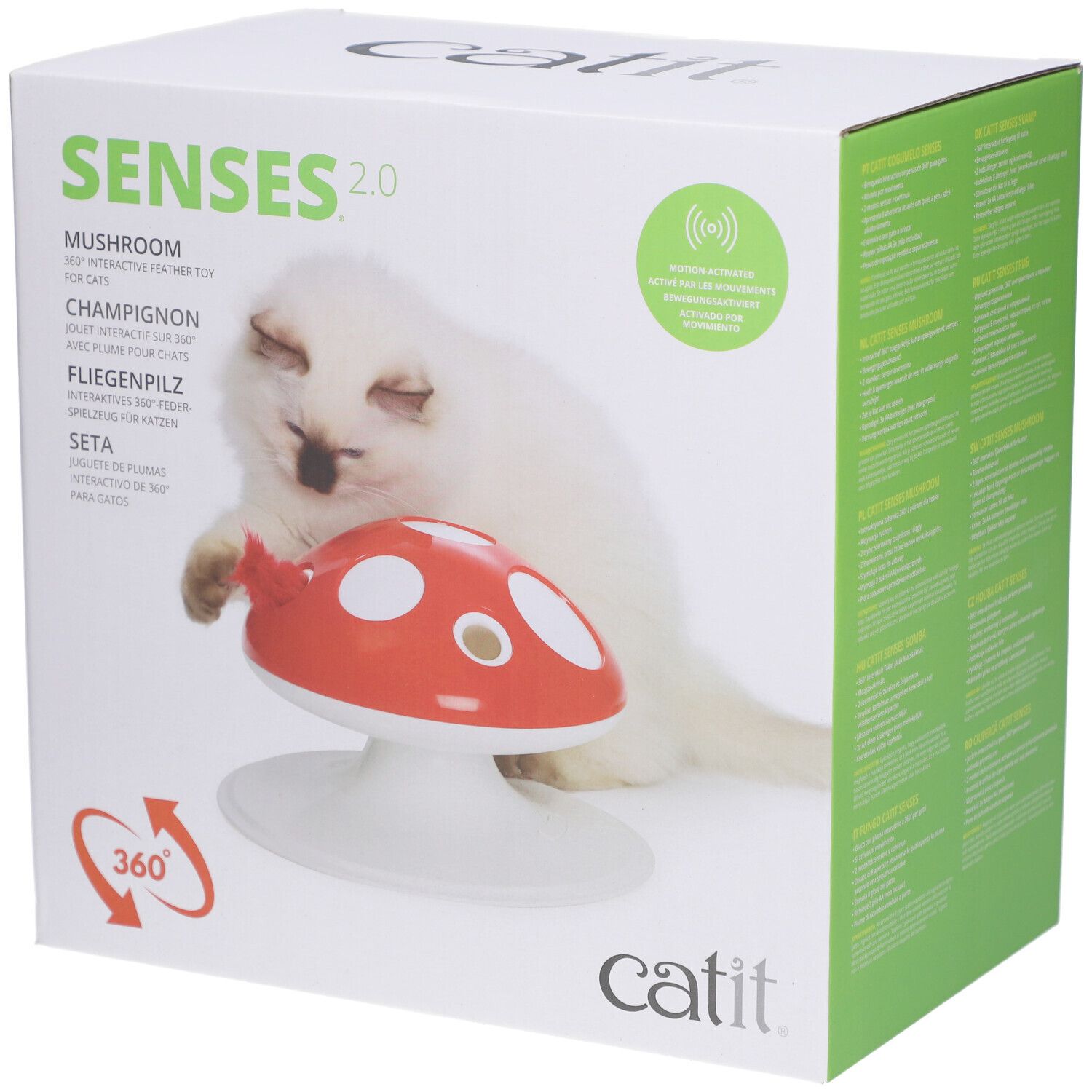 Verpackung der Catit Senses 2.0 Fliegenpilz. Roter Pilz auf weißem Sockel, Katze daneben. Text: Senses 2.0, Catit.