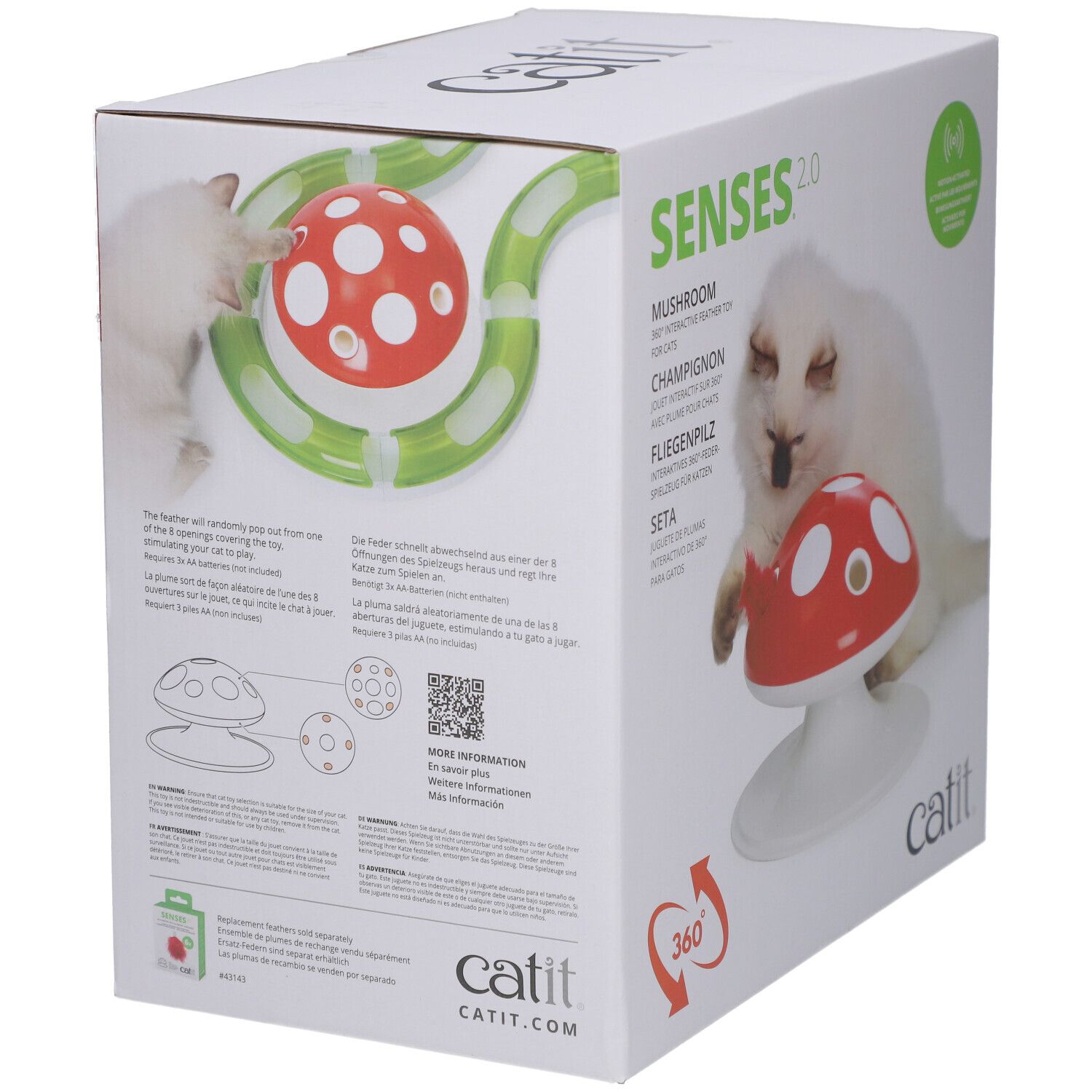 Verpackung der Catit Senses 2.0 Fliegenpilz. Roter Pilz, grüne Spielbahn, Katze. Text: Senses 2.0, Catit.