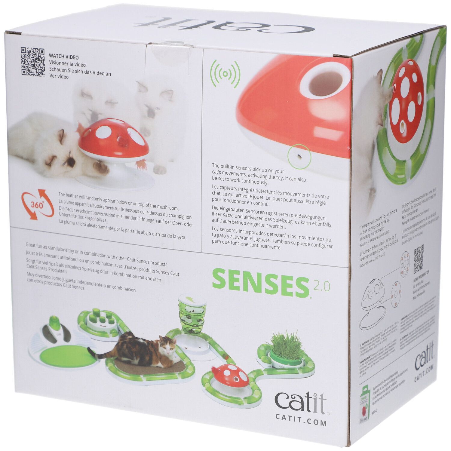 Verpackung der Catit Senses 2.0 Fliegenpilz. Roter Pilz, grüne Spielbahnen, Katzen. Text: Senses 2.0, Catit.