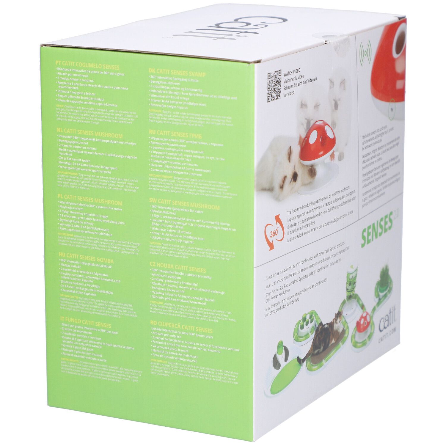 Verpackung der Catit Senses 2.0 Fliegenpilz. Roter Pilz, grüne Elemente, Katzen. Text: Senses 2.0, Catit.