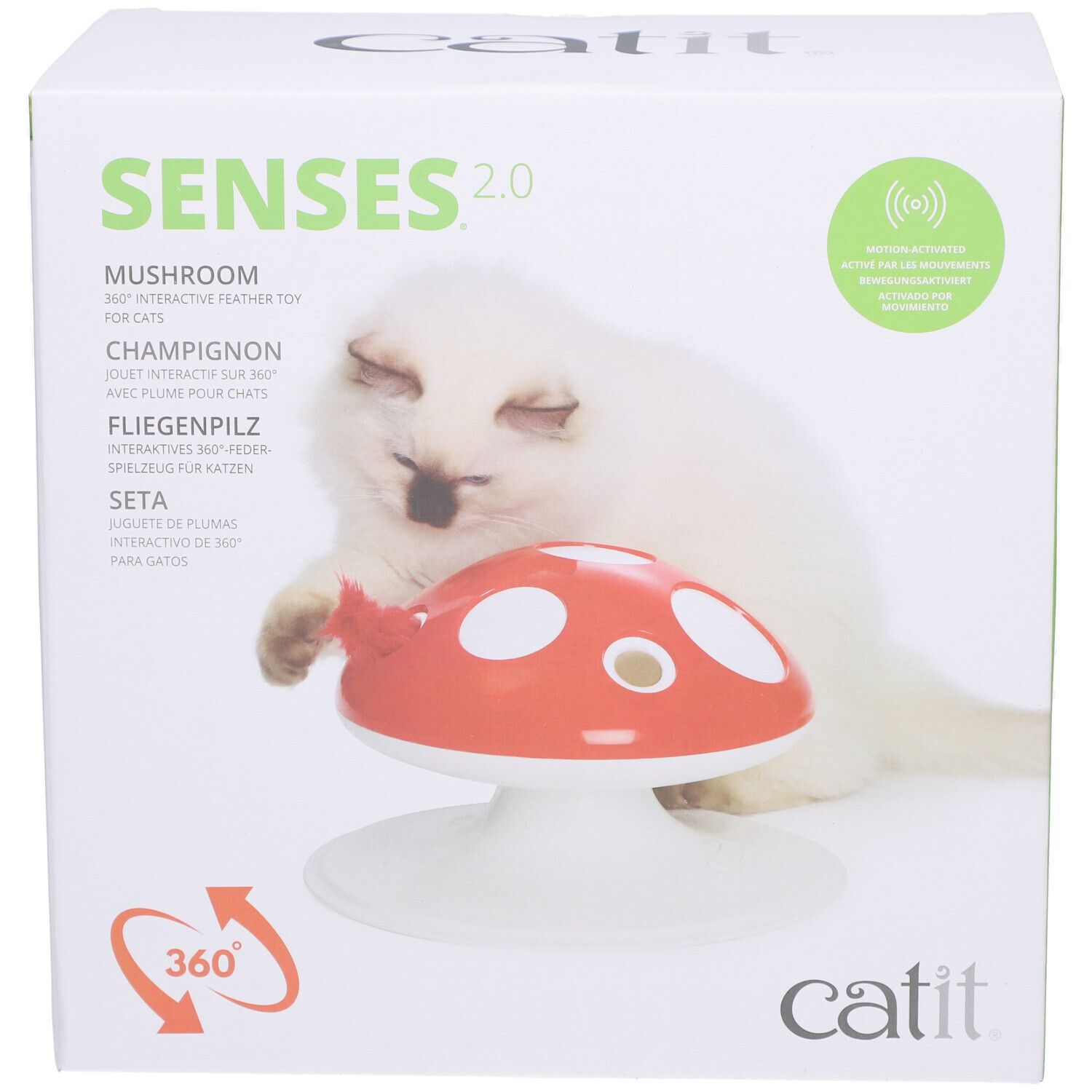 Verpackung der Catit Senses 2.0 Fliegenpilz. Roter Pilz auf weißem Sockel, Katze daneben. Text: Senses 2.0, Catit.