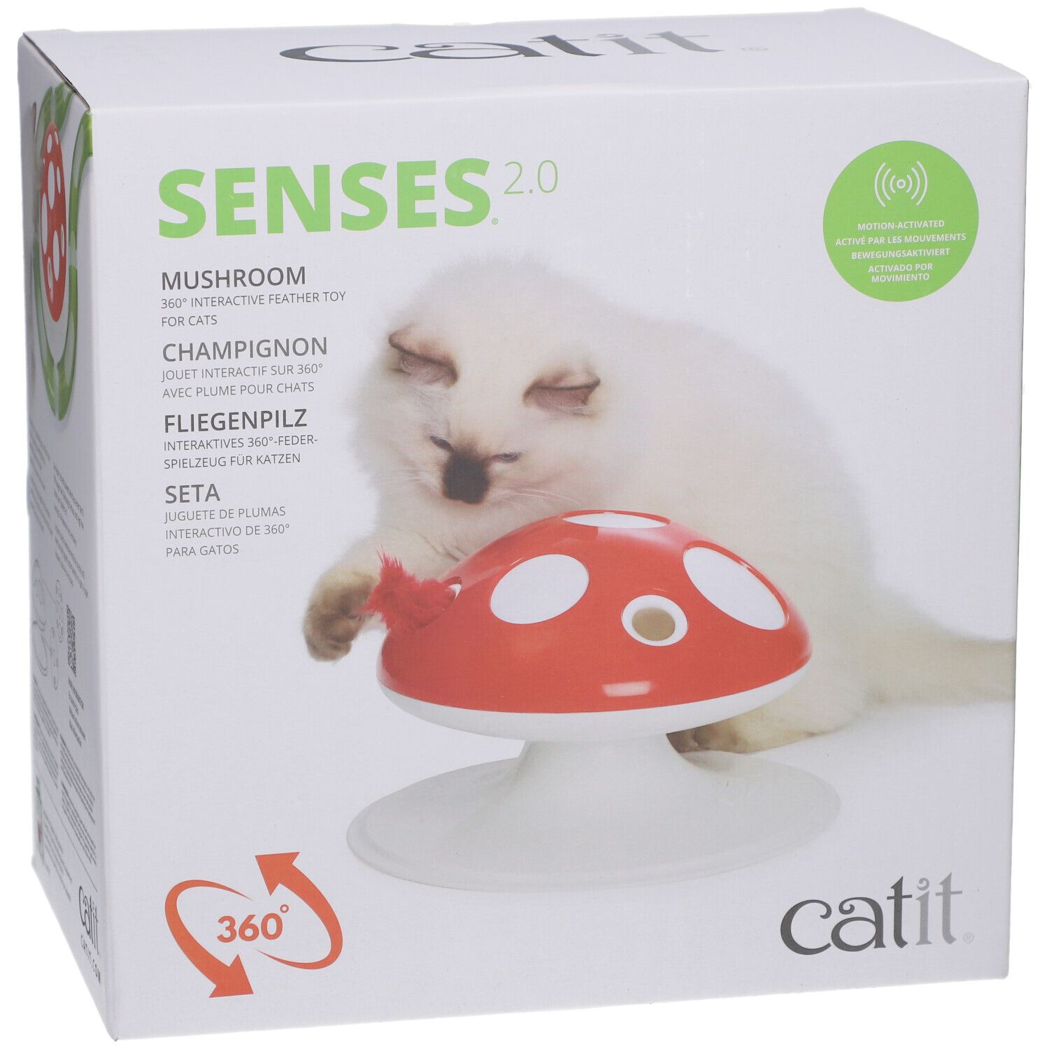 Verpackung der Catit Senses 2.0 Fliegenpilz. Roter Pilz auf weißem Sockel, Katze daneben. Text: Senses 2.0, Catit.