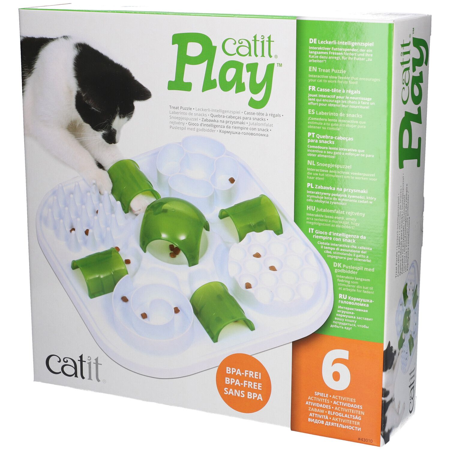 Katit Play. Futter-Puzzle für Katzen. BPA-frei. Sechs Aktivitäten. Verpackung mit Katze und Produkt.