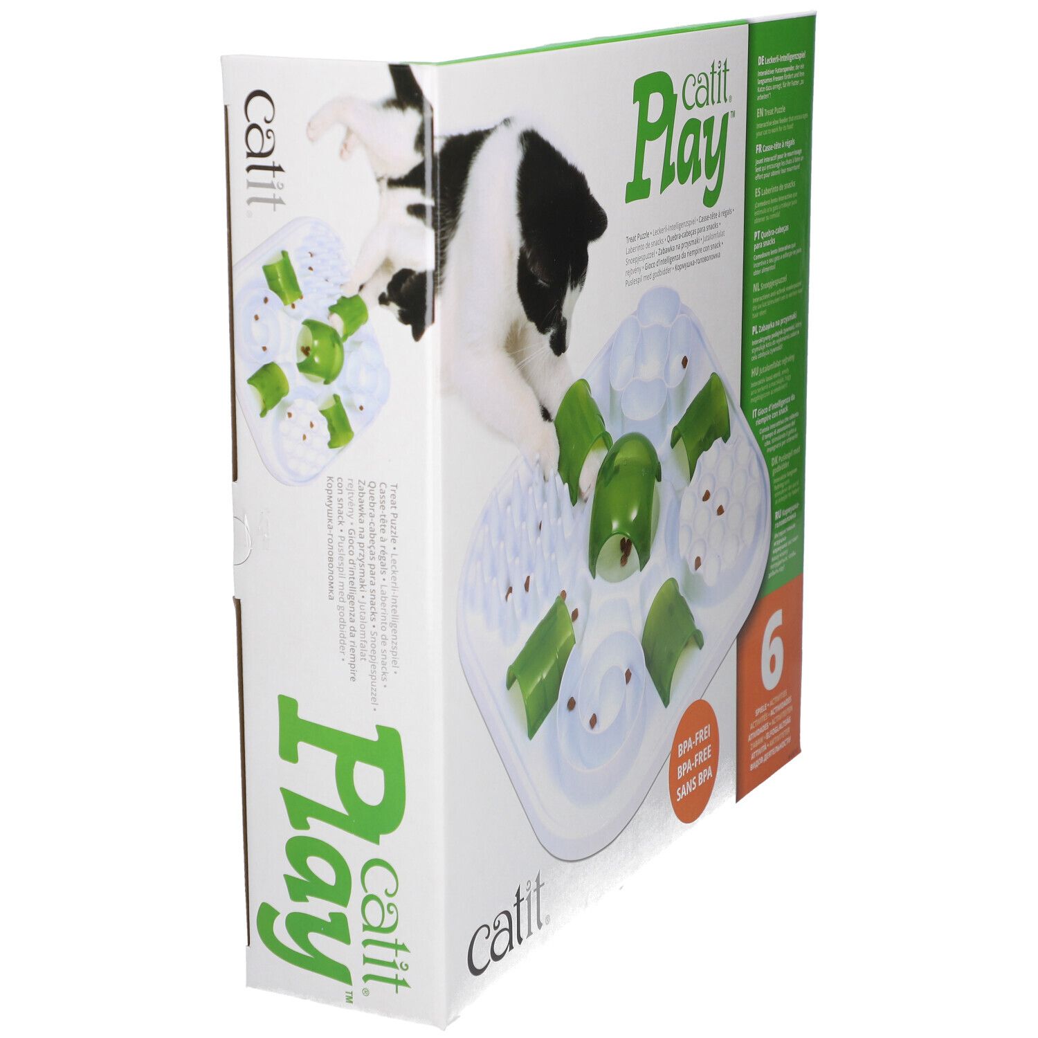 Katit Play. Futter-Puzzle für Katzen. BPA-frei. Verpackung mit Katze und Produkt, Seitenansicht.