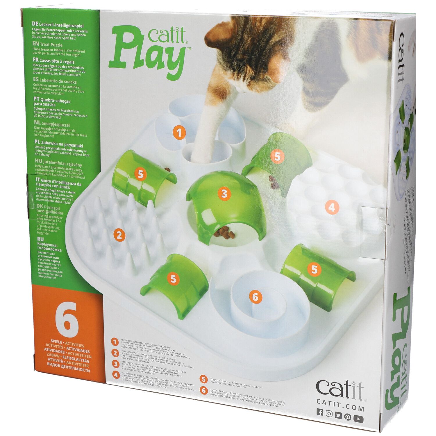 Katit Play. Futter-Puzzle für Katzen. BPA-frei. Sechs Aktivitäten. Verpackung mit Katze und Produkt.