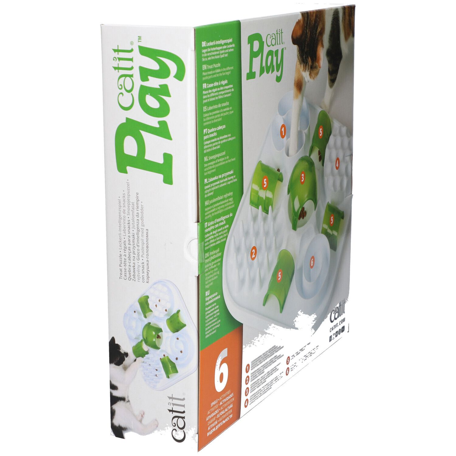 Katit Play. Futter-Puzzle für Katzen. BPA-frei. Verpackung mit Katze und Produkt, Seitenansicht.
