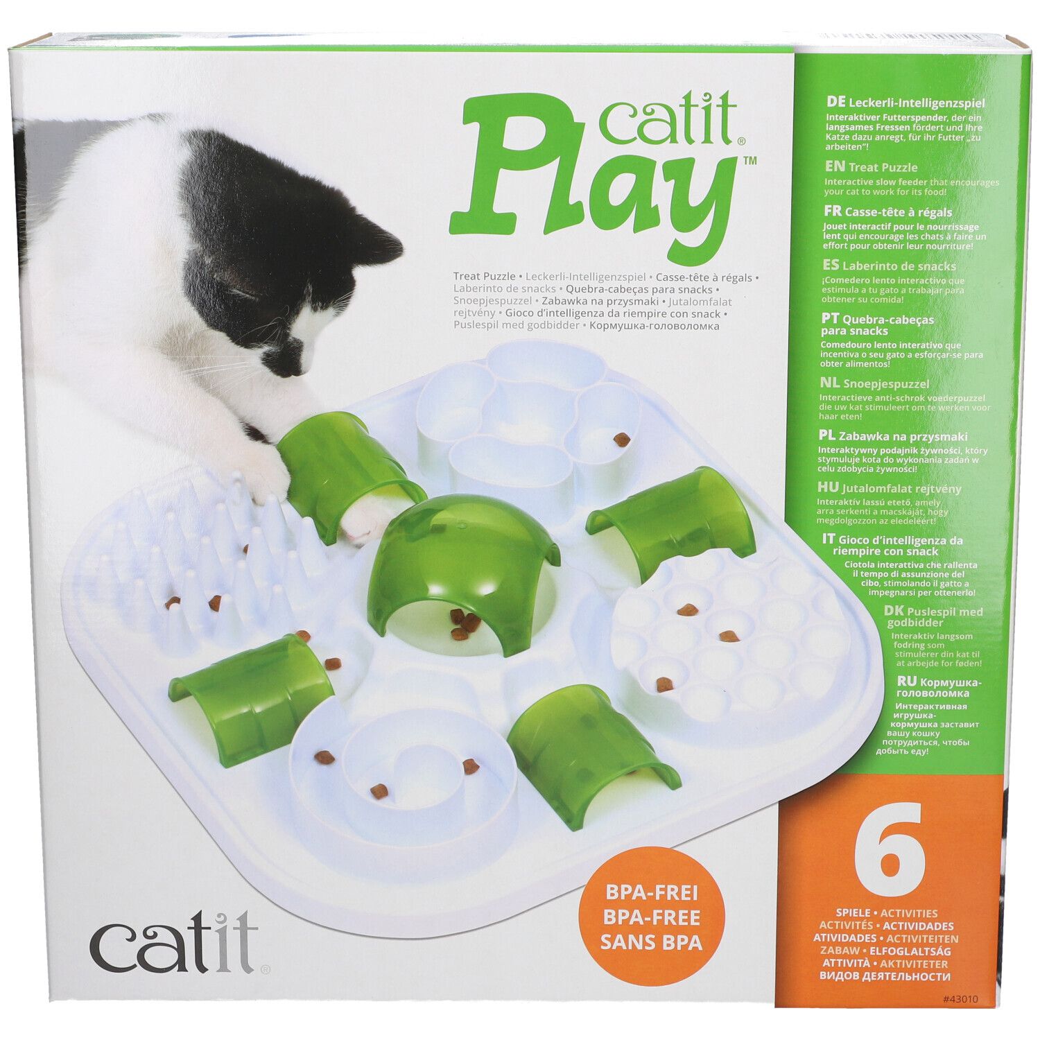 Katit Play. Futter-Puzzle für Katzen. BPA-frei. Sechs Aktivitäten. Verpackung mit Katze und Produkt.