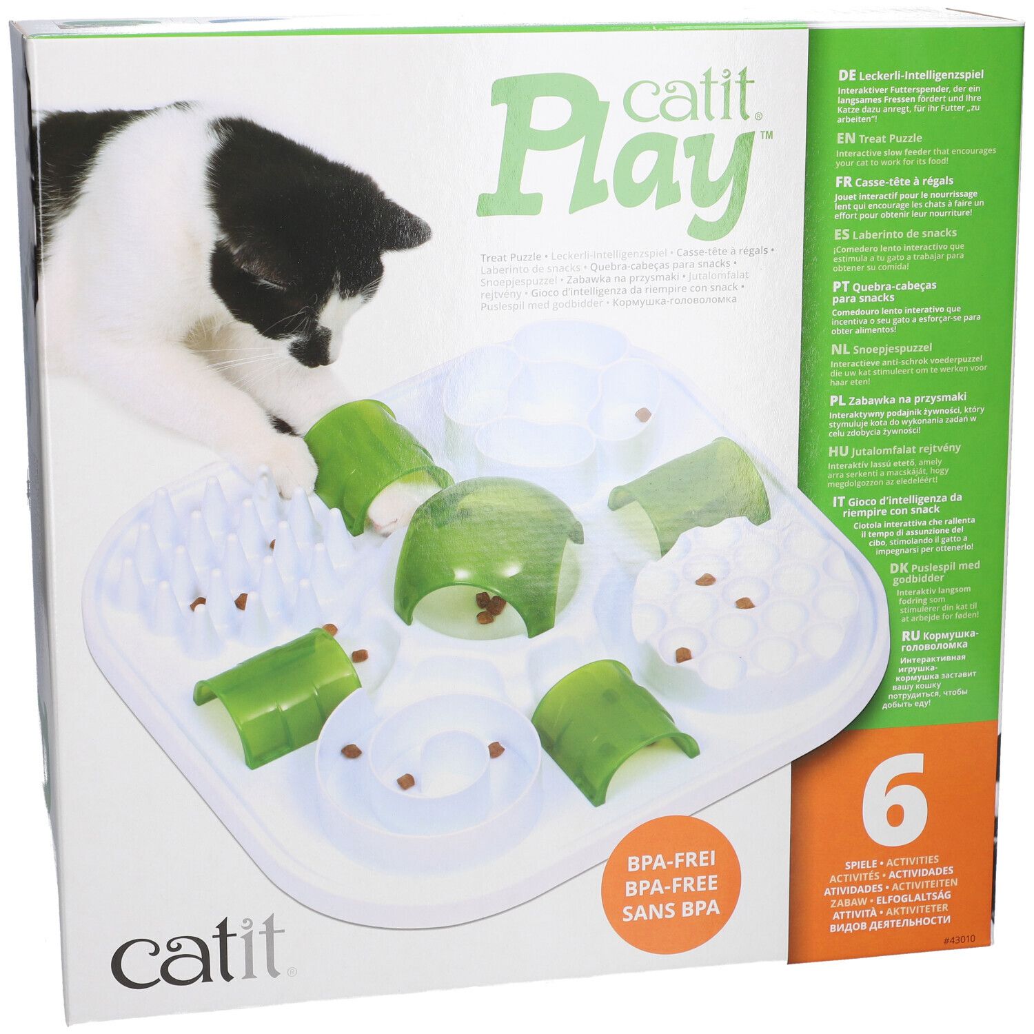 Katit Play. Futter-Puzzle für Katzen. BPA-frei. Sechs Aktivitäten. Verpackung mit Katze und Produkt.