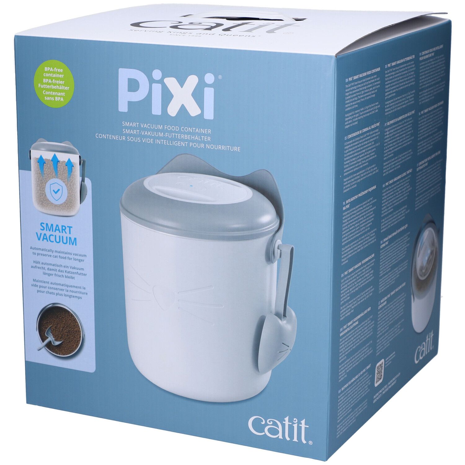 Verpackung des Catit Pixi Futterbehälters. Weißer Behälter mit grauem Deckel und Zubehör. Text: Pixi, Catit.