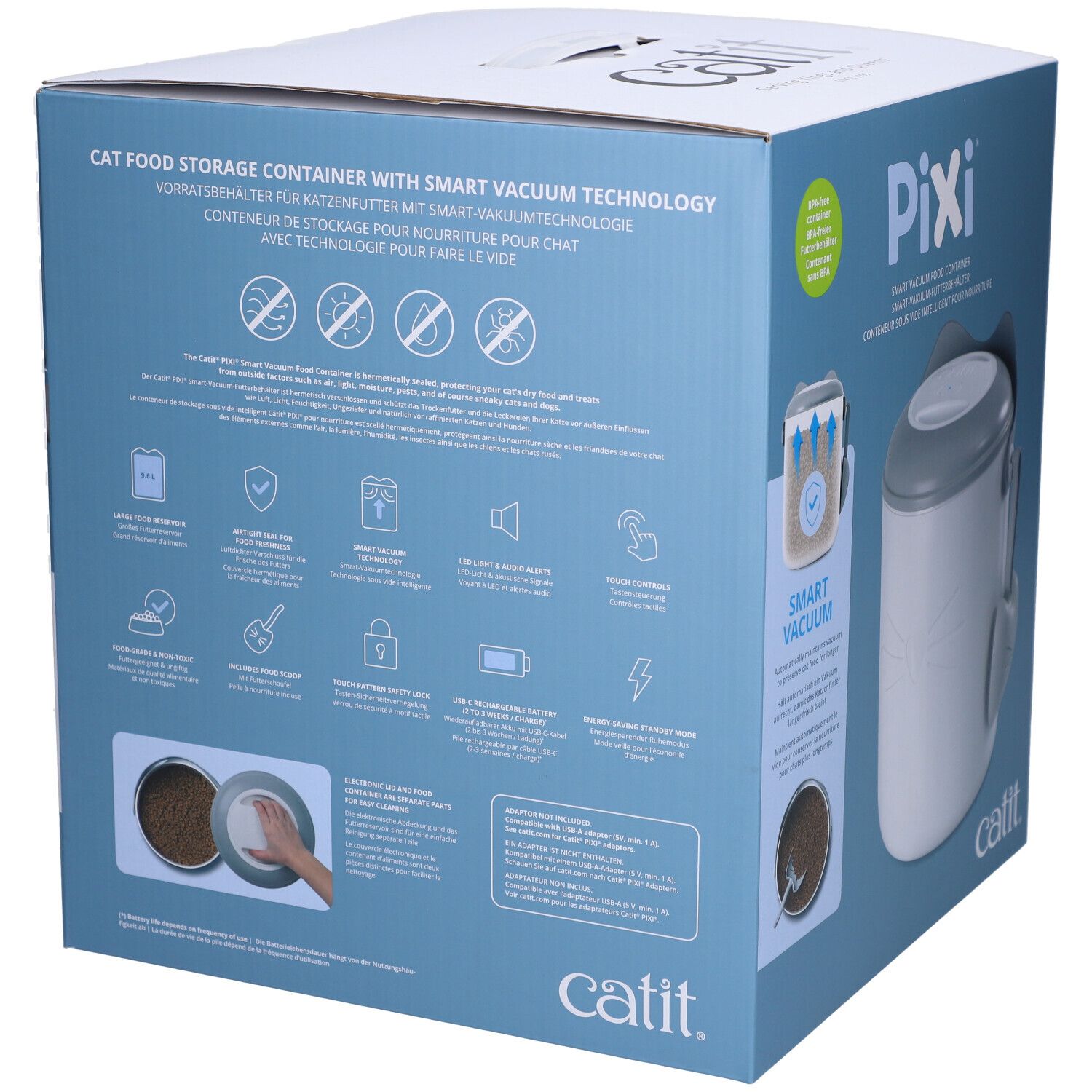 Rückseite der Catit Pixi Verpackung. Illustrationen und Text über die Funktionen des Behälters. Text: Catit.