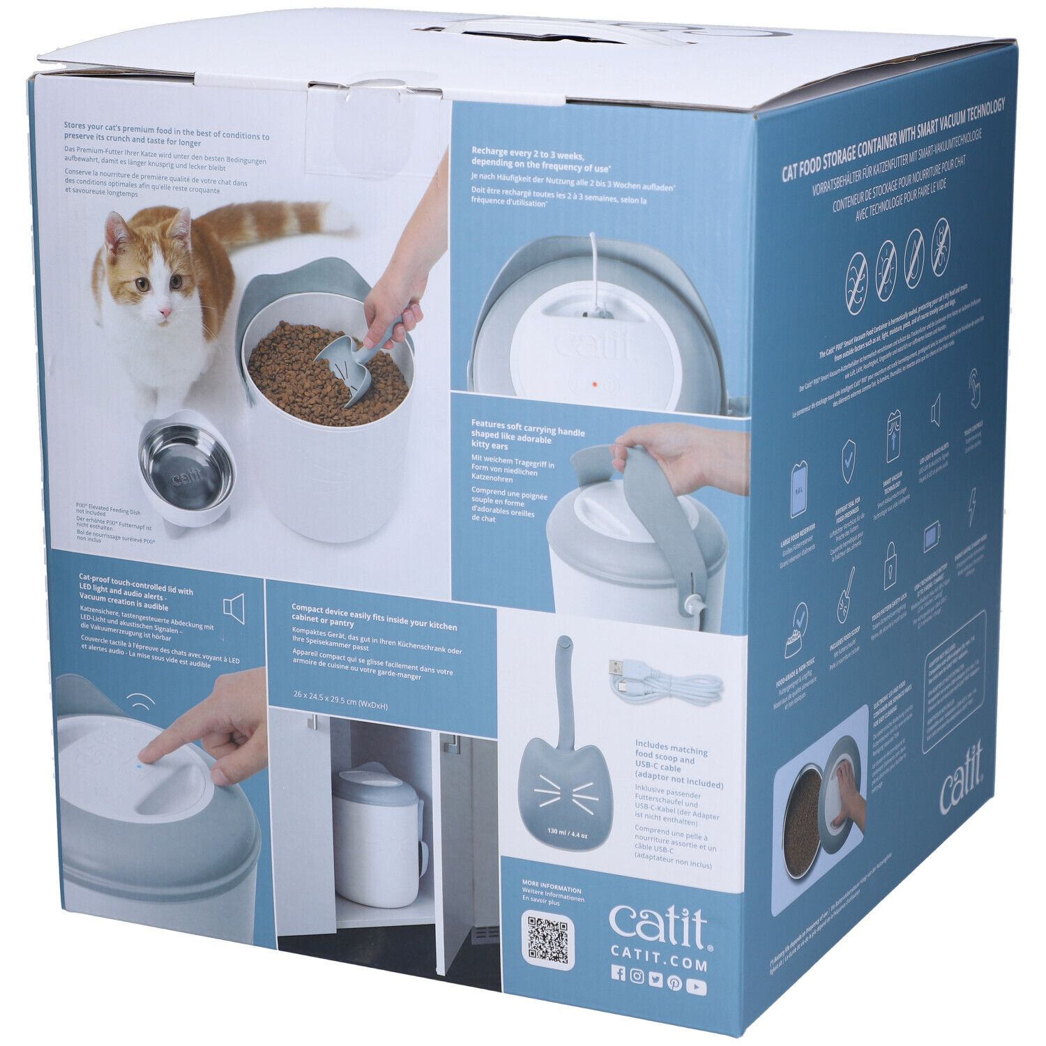 Verpackung mit Illustrationen des Catit Pixi. Behälter, Zubehör und Katze. Text: Catit, QR-Code.