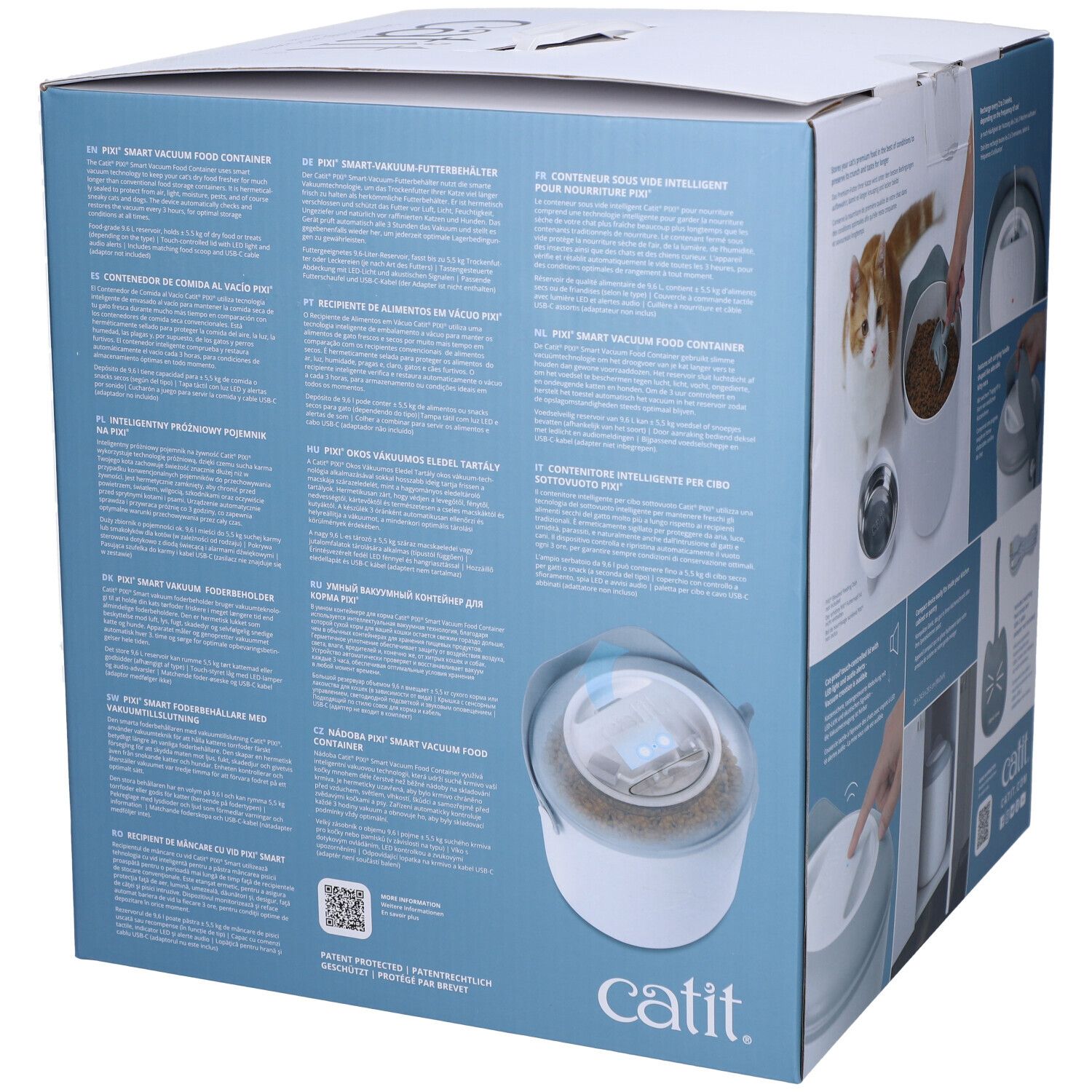 Rückseite der Verpackung mit Text und Illustrationen des Catit Pixi. Text: Catit, QR-Code.