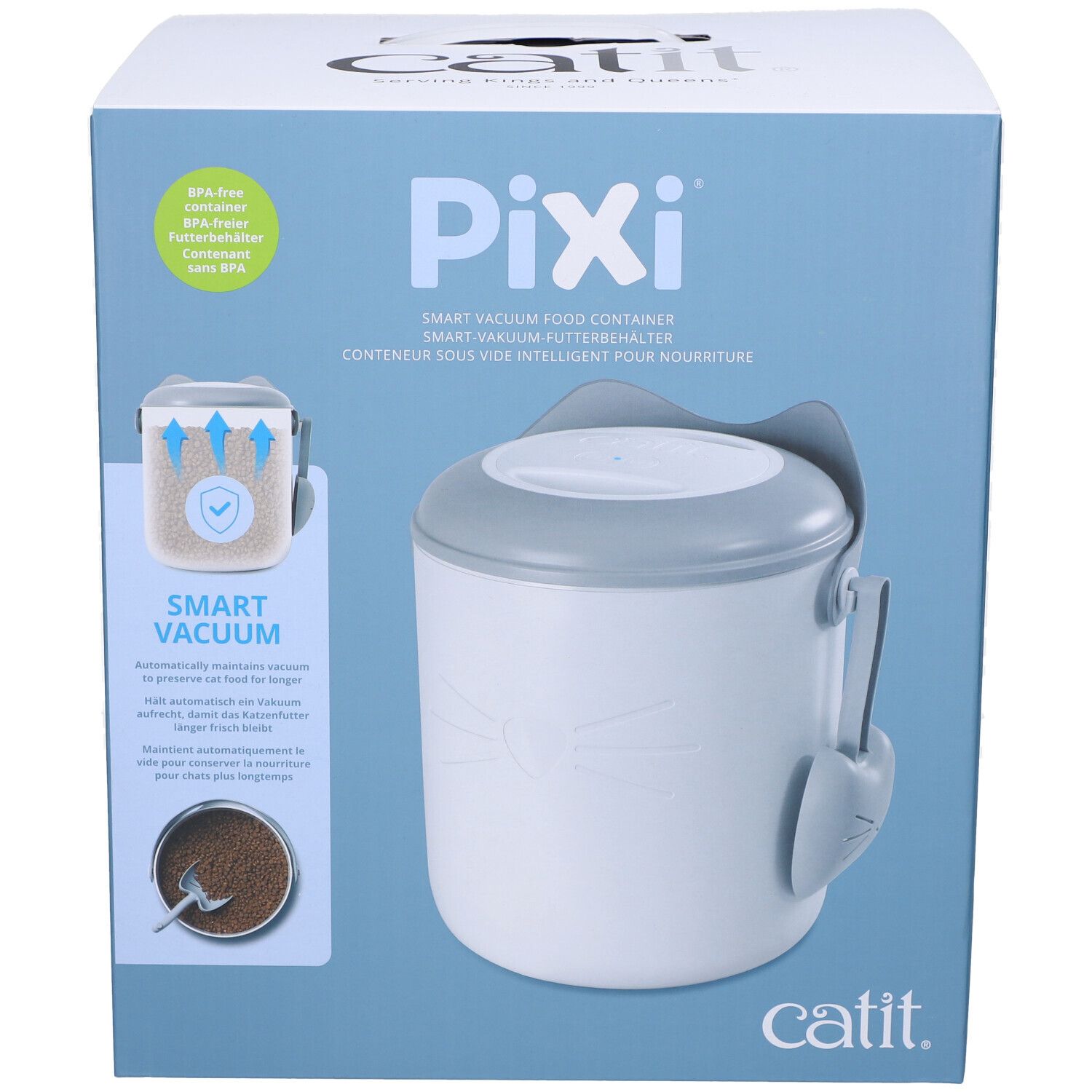 Verpackung des Catit Pixi Futterbehälters. Weißer Behälter mit grauem Deckel und Zubehör. Text: Pixi, Catit.