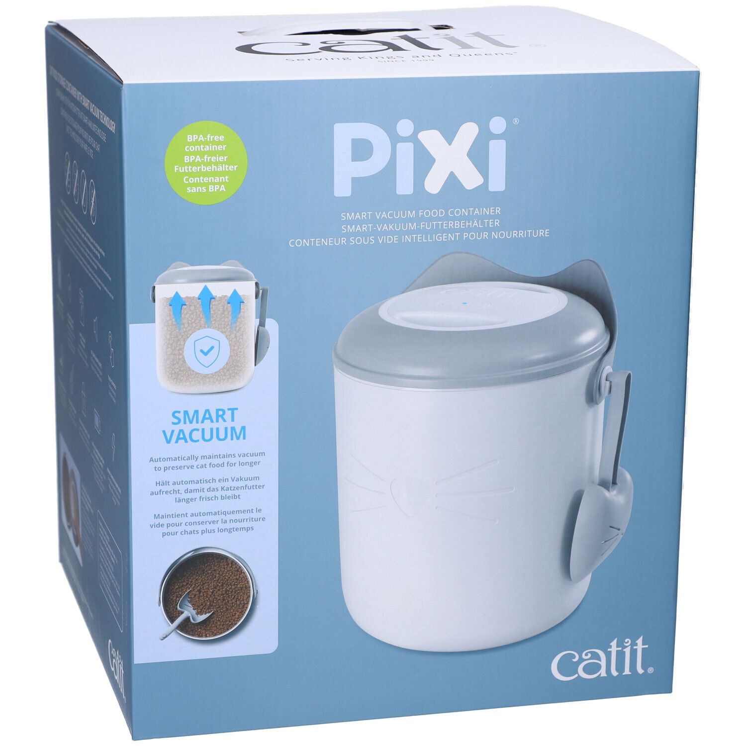 Verpackung des Catit Pixi Futterbehälters. Weißer Behälter mit grauem Deckel und Zubehör. Text: Pixi, Catit.