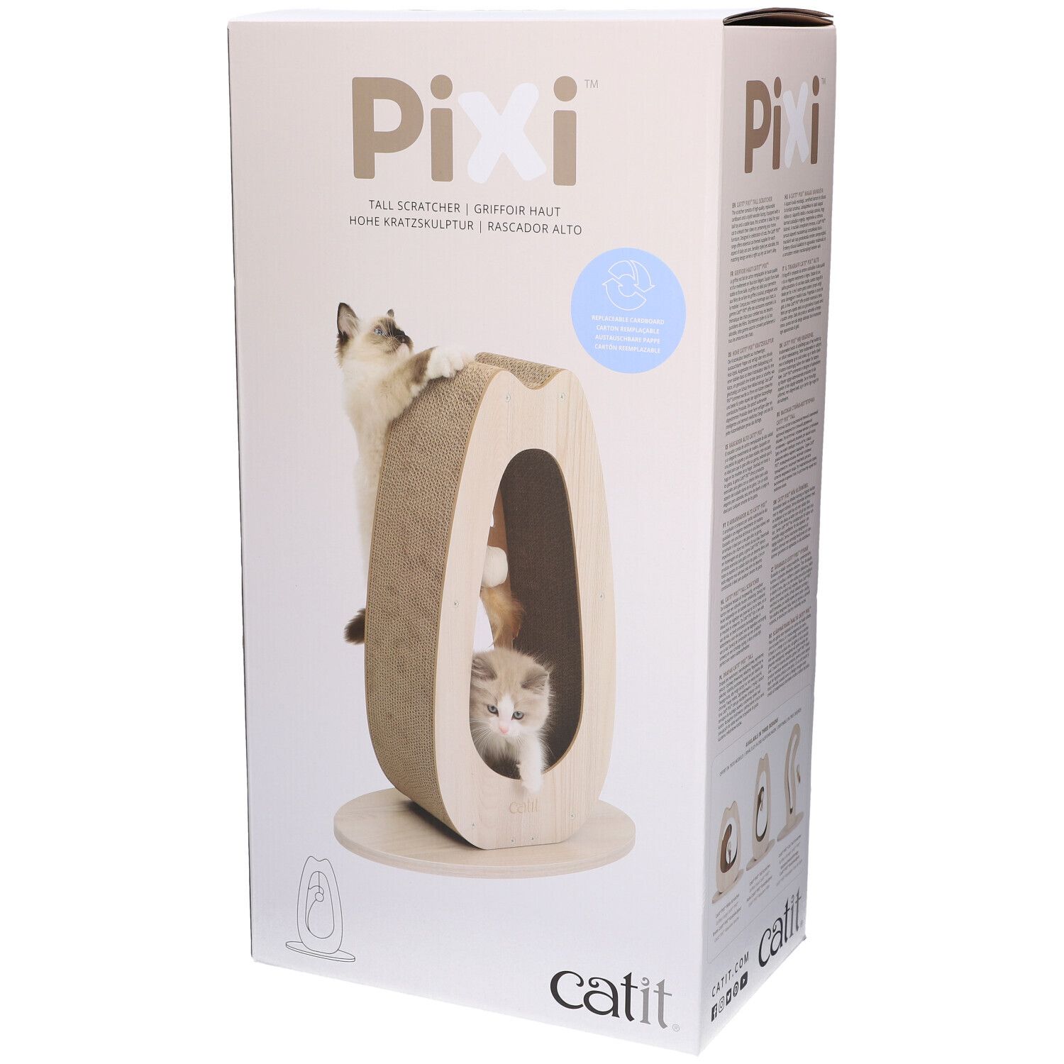 Kartonverpackung mit Kratzmöbel. Aufschrift Pixi, Catit. Katzen spielen am Kratzmöbel.
