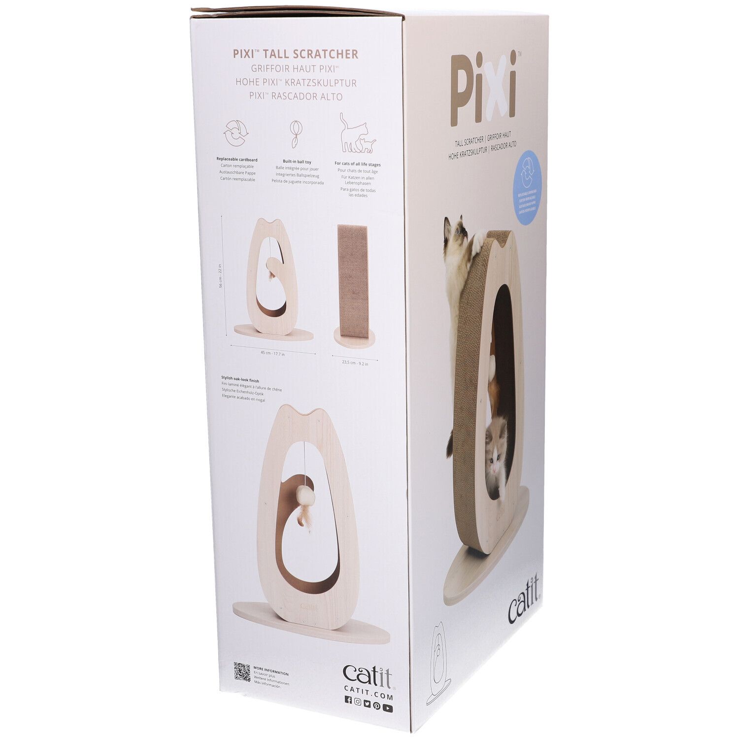 Kartonverpackung mit Kratzmöbel. Seitenansicht mit Produktabbildungen und Text.