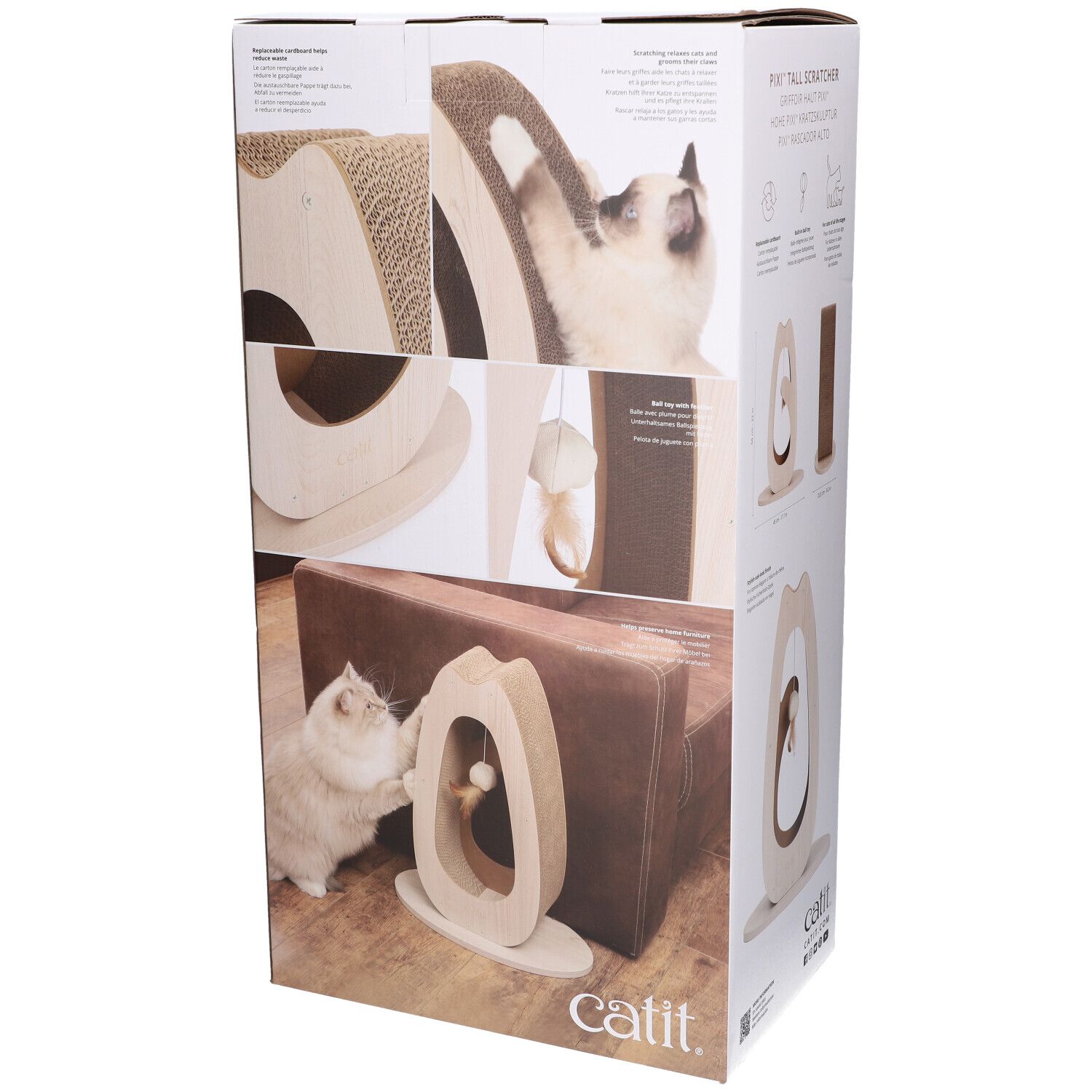 Kartonverpackung mit Kratzmöbel. Detailansichten des Produkts und Katzen.