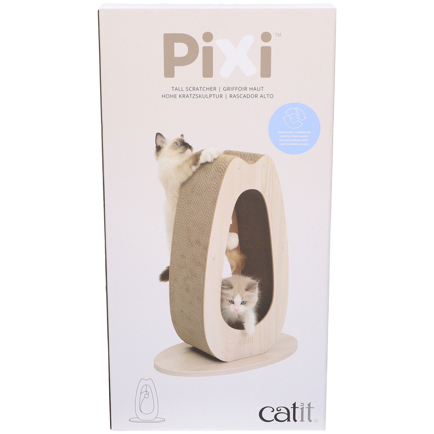 Kartonverpackung mit Kratzmöbel. Aufschrift Pixi, Catit. Katzen spielen am Kratzmöbel.