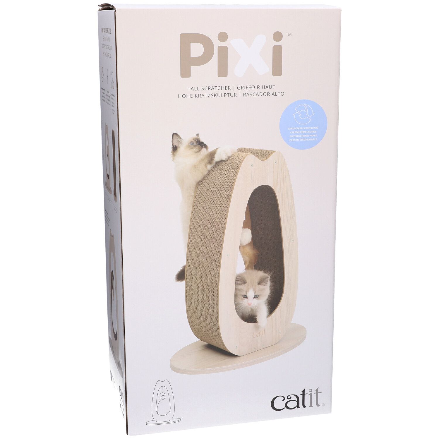 Kartonverpackung mit Kratzmöbel. Aufschrift Pixi, Catit. Katzen spielen am Kratzmöbel.