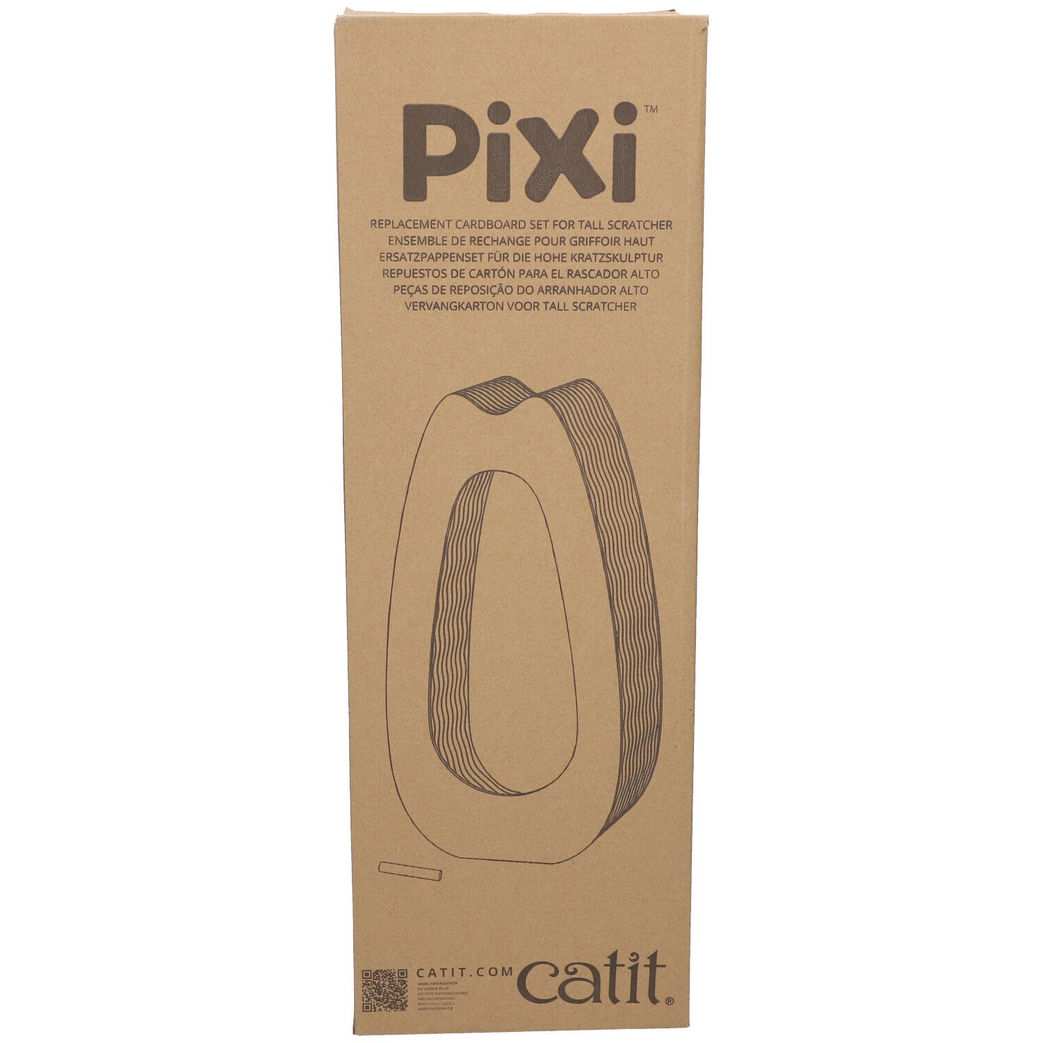 Kartonverpackung mit "Pixi"-Logo. Text: "Replacement Cardboard Set for Tall Scratcher". "Catit"-Logo unten.