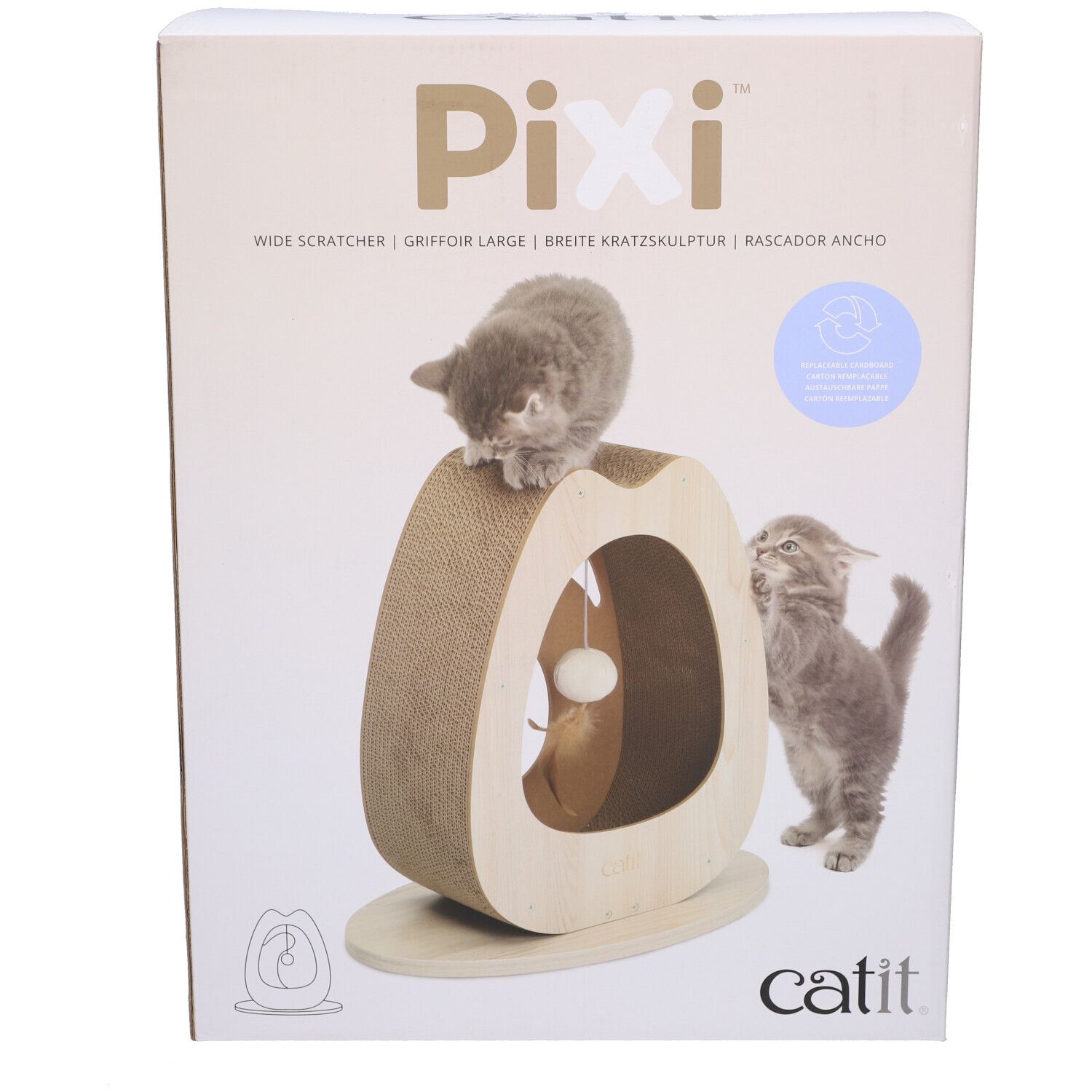Kratzmöbel mit Ball und Karton. Katze auf dem Möbel. Verpackung mit Logo.