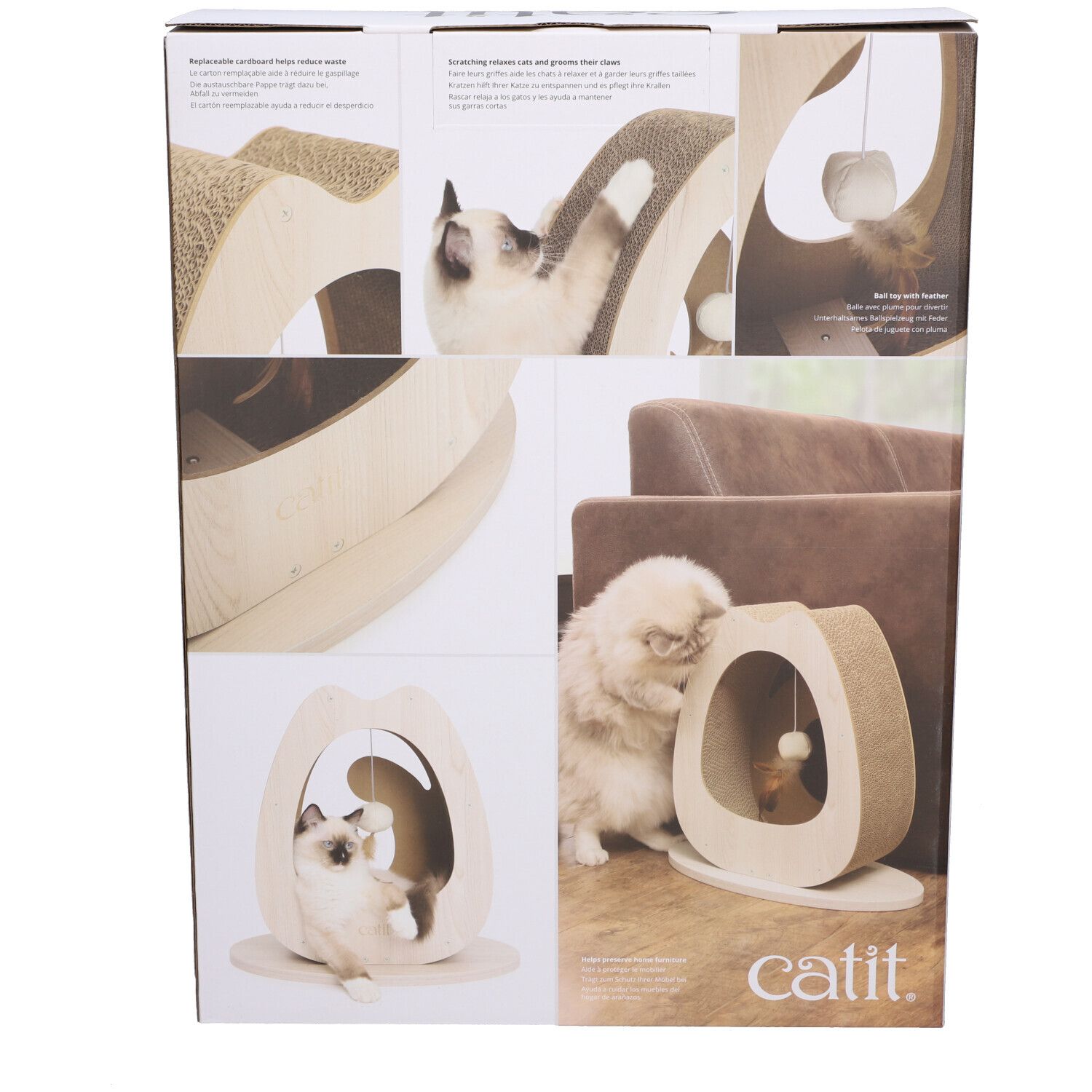 Rückseite der Verpackung. Produkt mit Katze. Verschiedene Ansichten des Kratzmöbels.