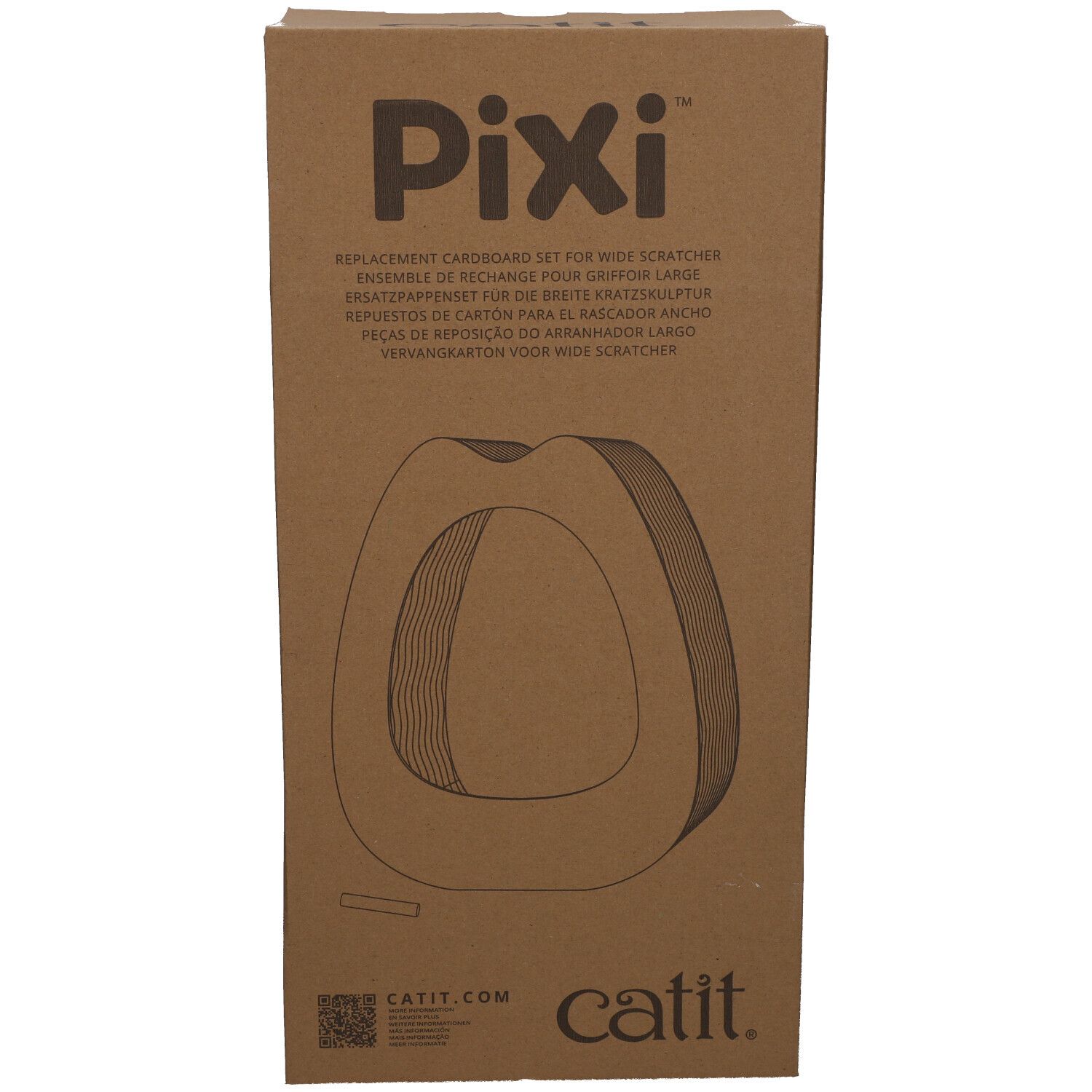 Kartonverpackung für Kratzbrett. Aufschrift Pixi. Ersatzkarton für breiten Kratzer. Katze-Logo unten rechts.