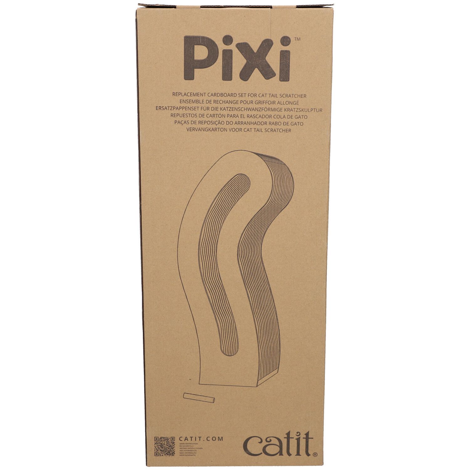Kartonverpackung für Kratzbrett. Aufschrift Pixi. Geformtes Kratzbrett-Ersatzteil in der Mitte. Marke Catit unten.