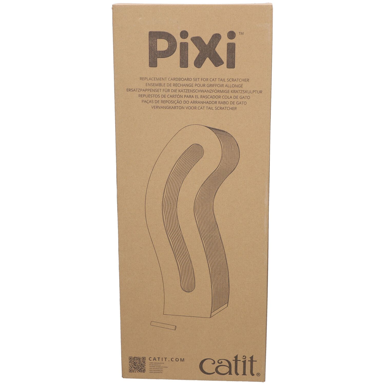 Kartonverpackung für Kratzbrett. Aufschrift Pixi. Geformtes Kratzbrett-Ersatzteil in der Mitte. Marke Catit unten.