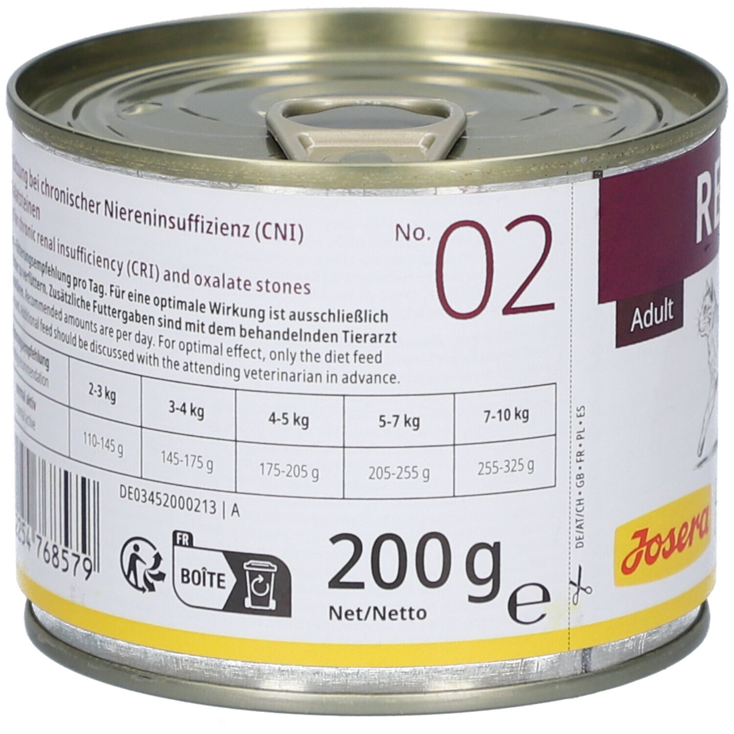 Josera Help Renal Katze Nassfutter, boîte. Inscription: Renal, 200g, N° 02, recommandations.
