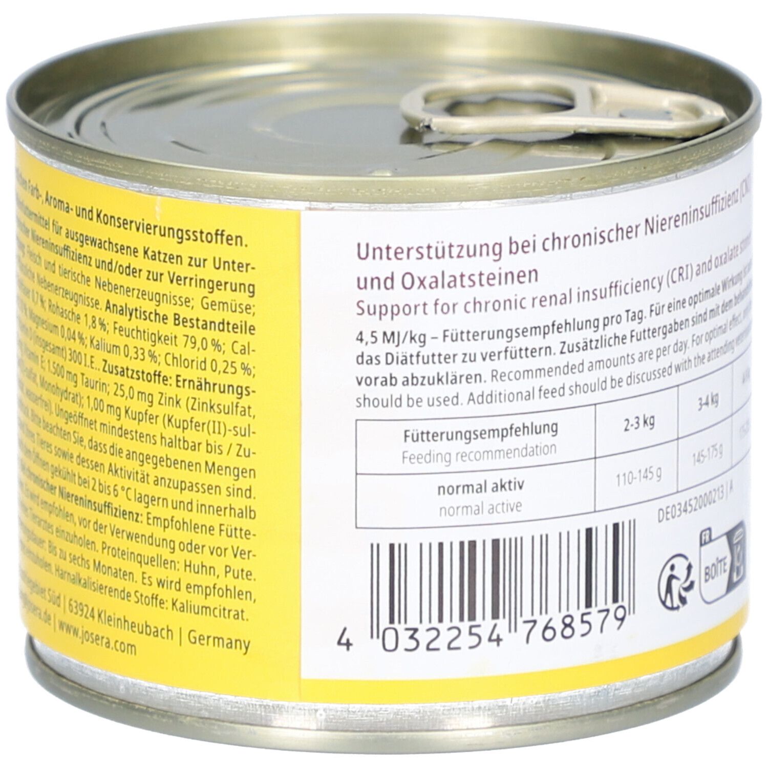 Josera Help Renal Katze Nassfutter, boîte. Inscription: Recommandations, ingrédients, fabricant.