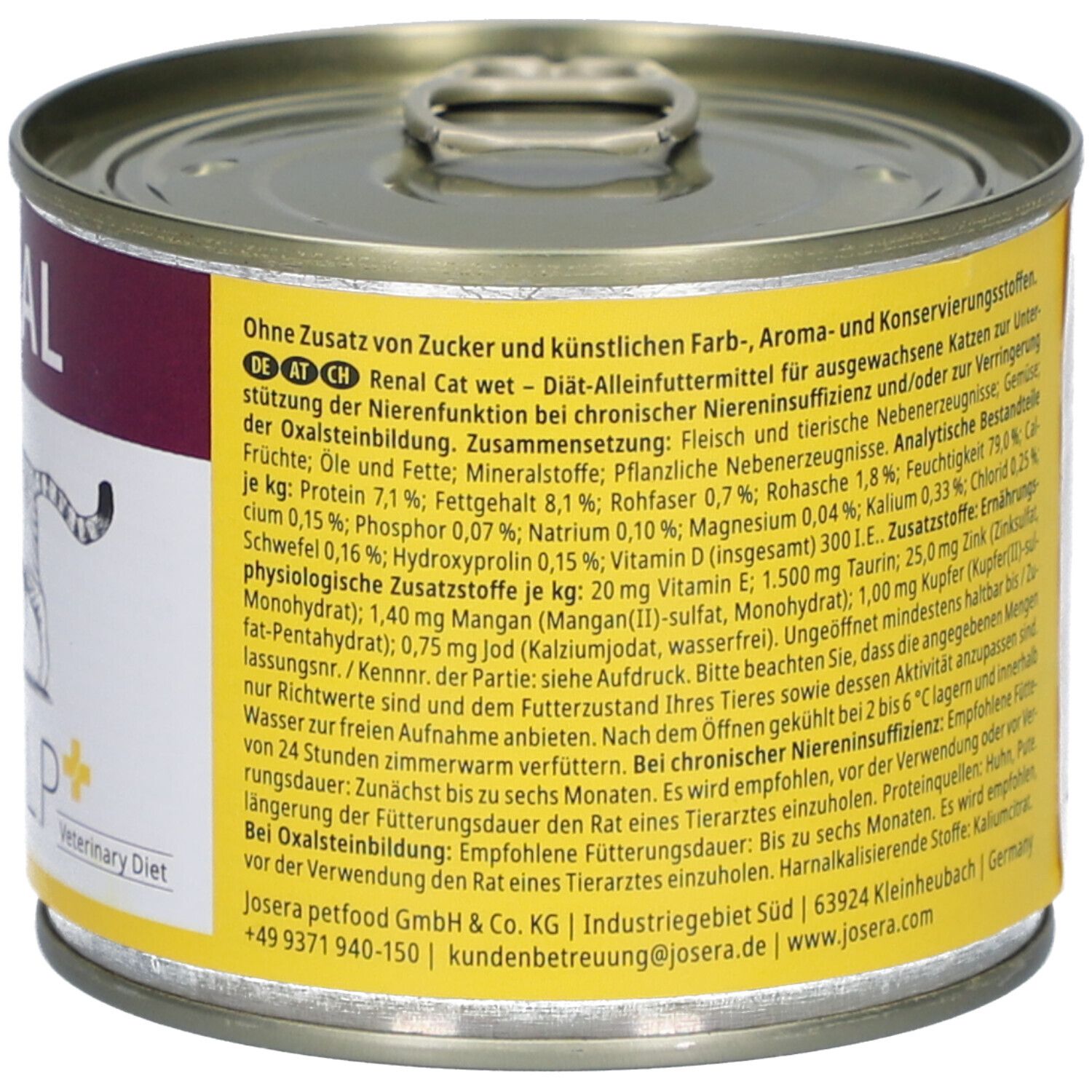 Josera Help Renal Katze Nassfutter, boîte. Inscription: Ingrédients, fabricant, Josera Help, Veterinary Diet.