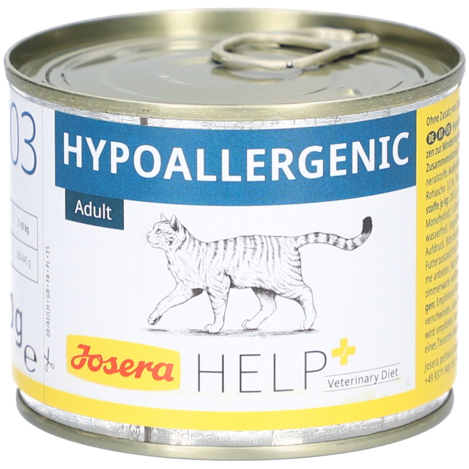 Boîte de nourriture pour chats avec étiquette. Inscription : HYPOALLERGENIC Adult. Logo : JOSERA HELP Veterinary Diet. Image d'un chat.