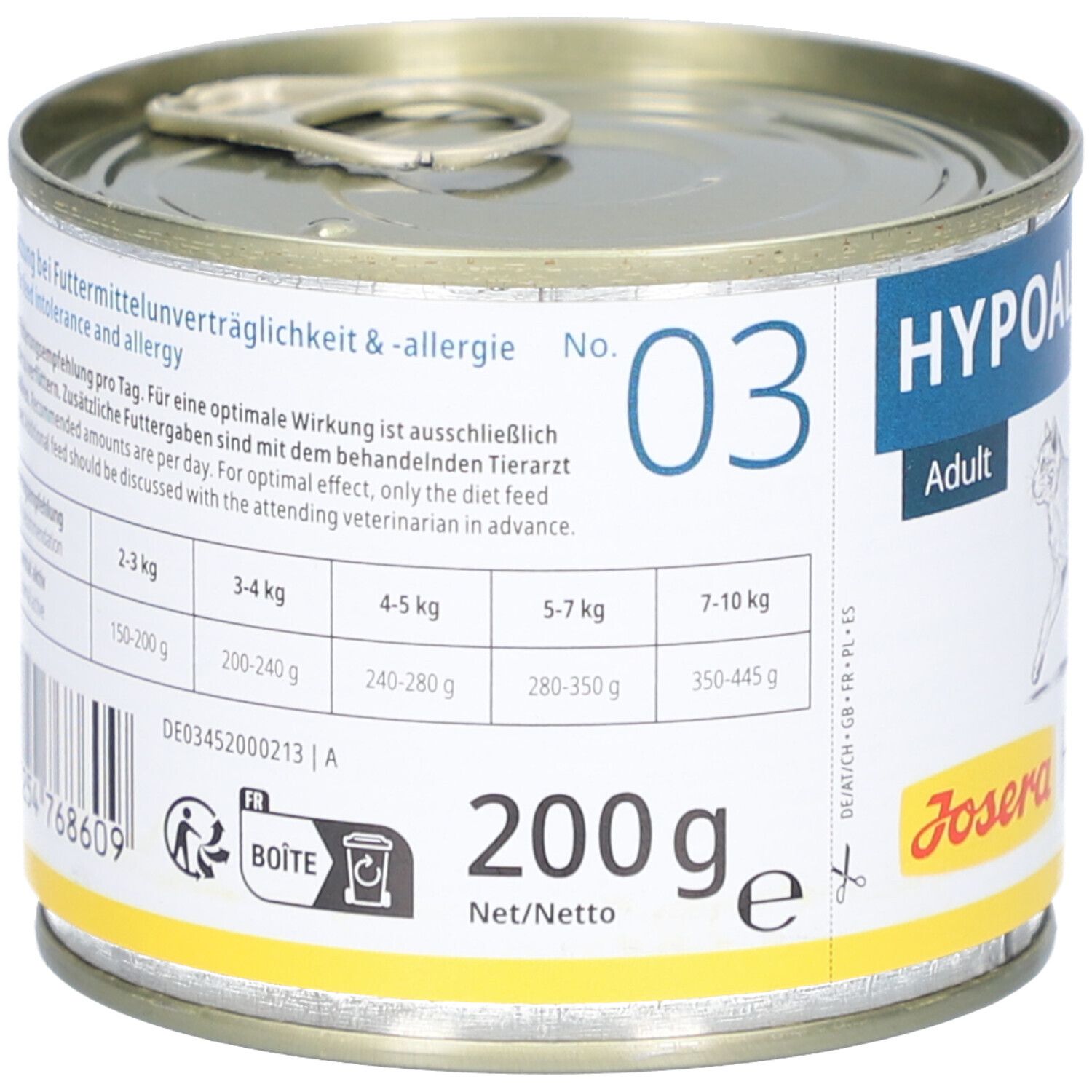 Boîte de nourriture pour chats avec étiquette. Inscription : HYPOALLERGENIC Adult. Logo : JOSERA HELP. Contenu : 200g. Recommandations d'alimentation.